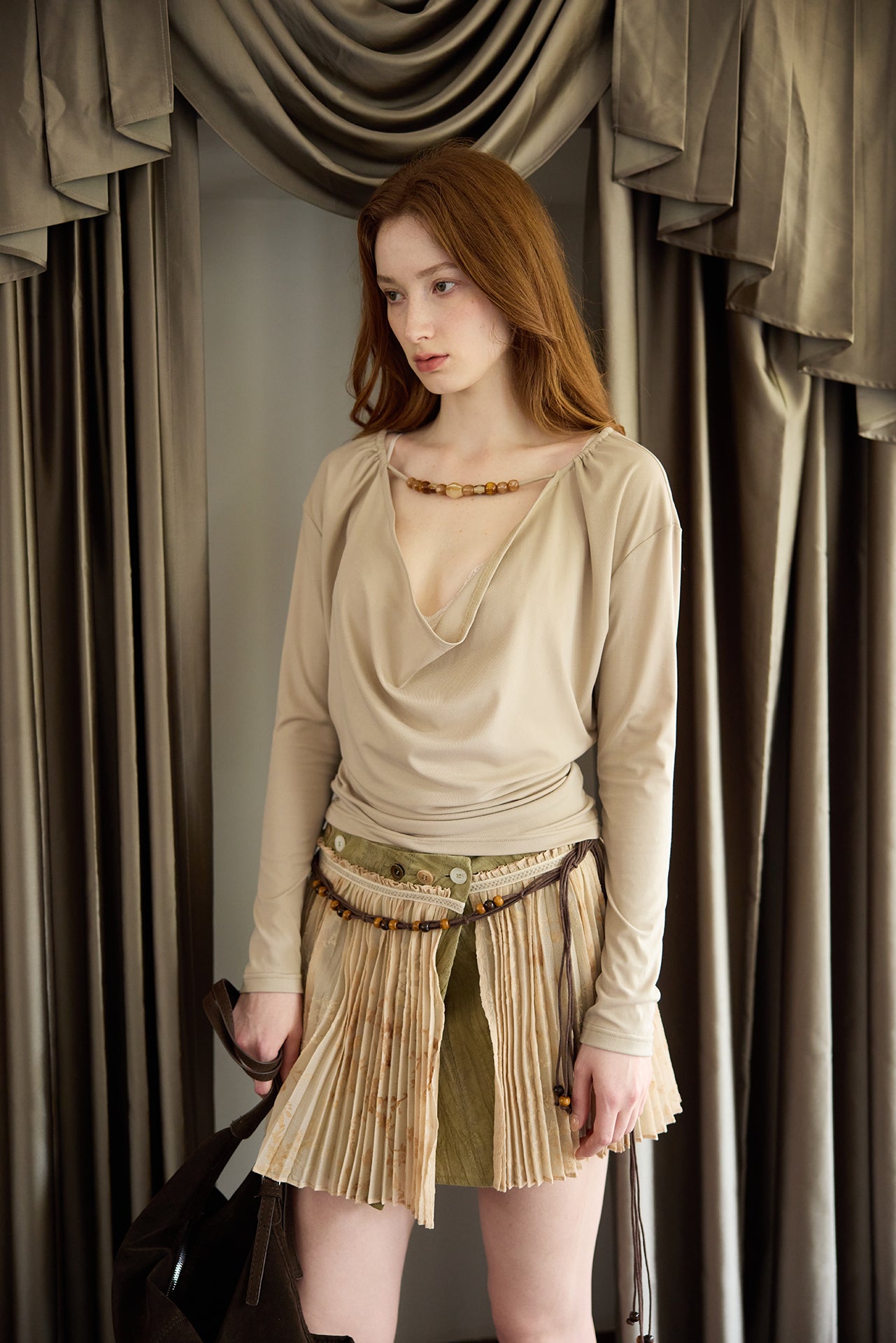 Pleated Button-Front Wrap Skirt