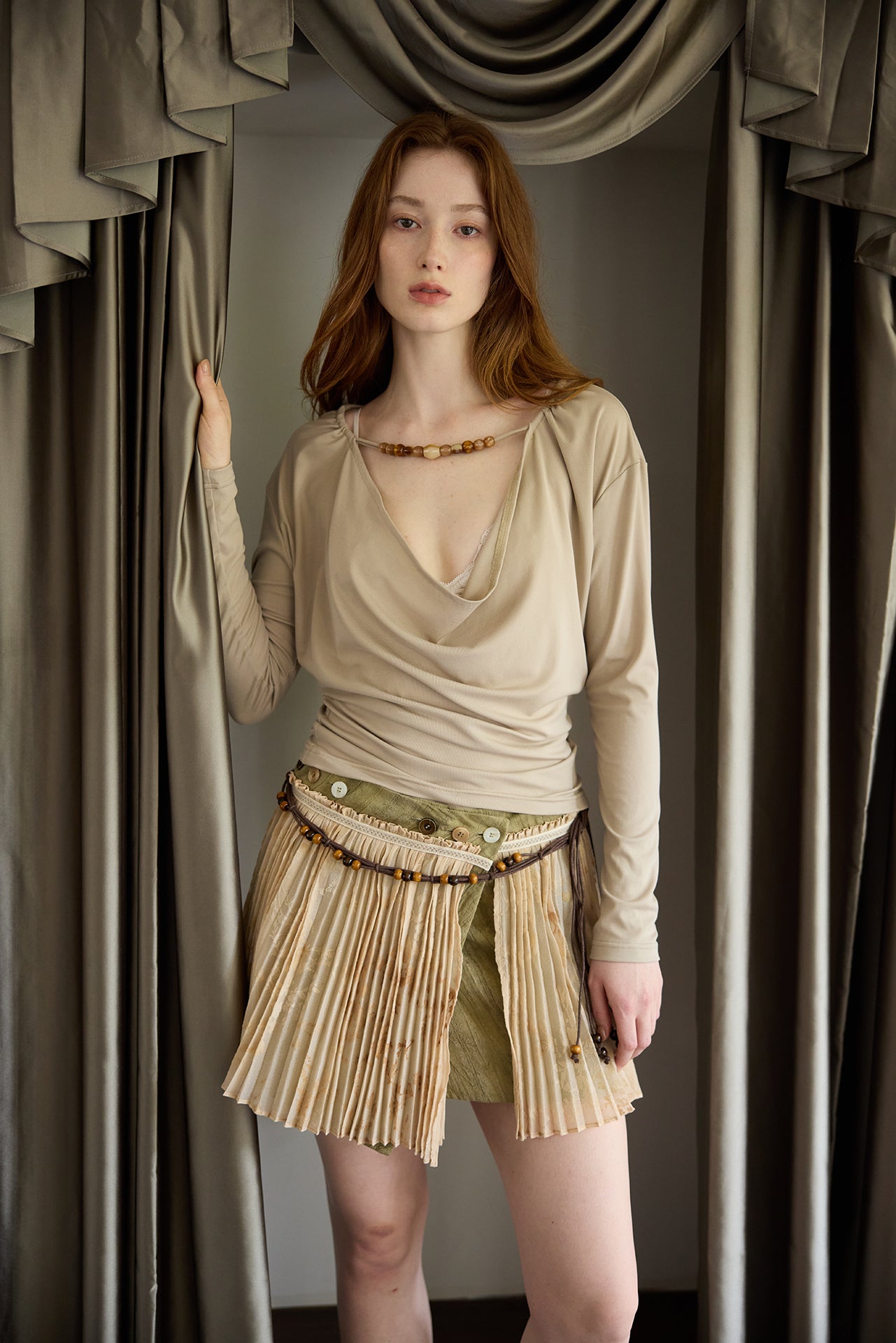 Pleated Button-Front Wrap Skirt