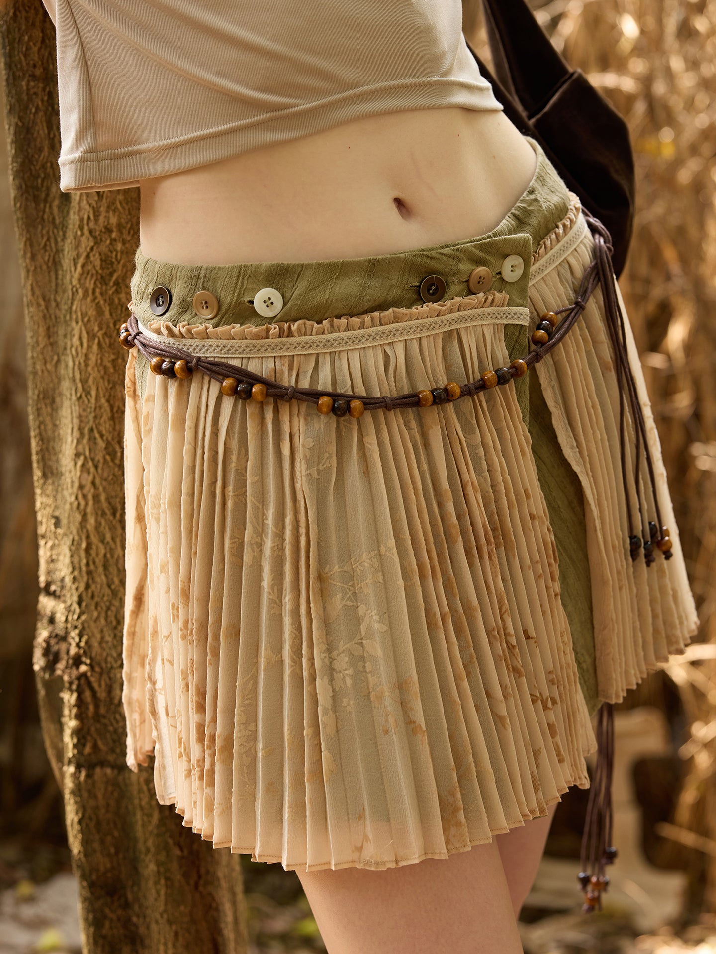 Pleated Button-Front Wrap Skirt