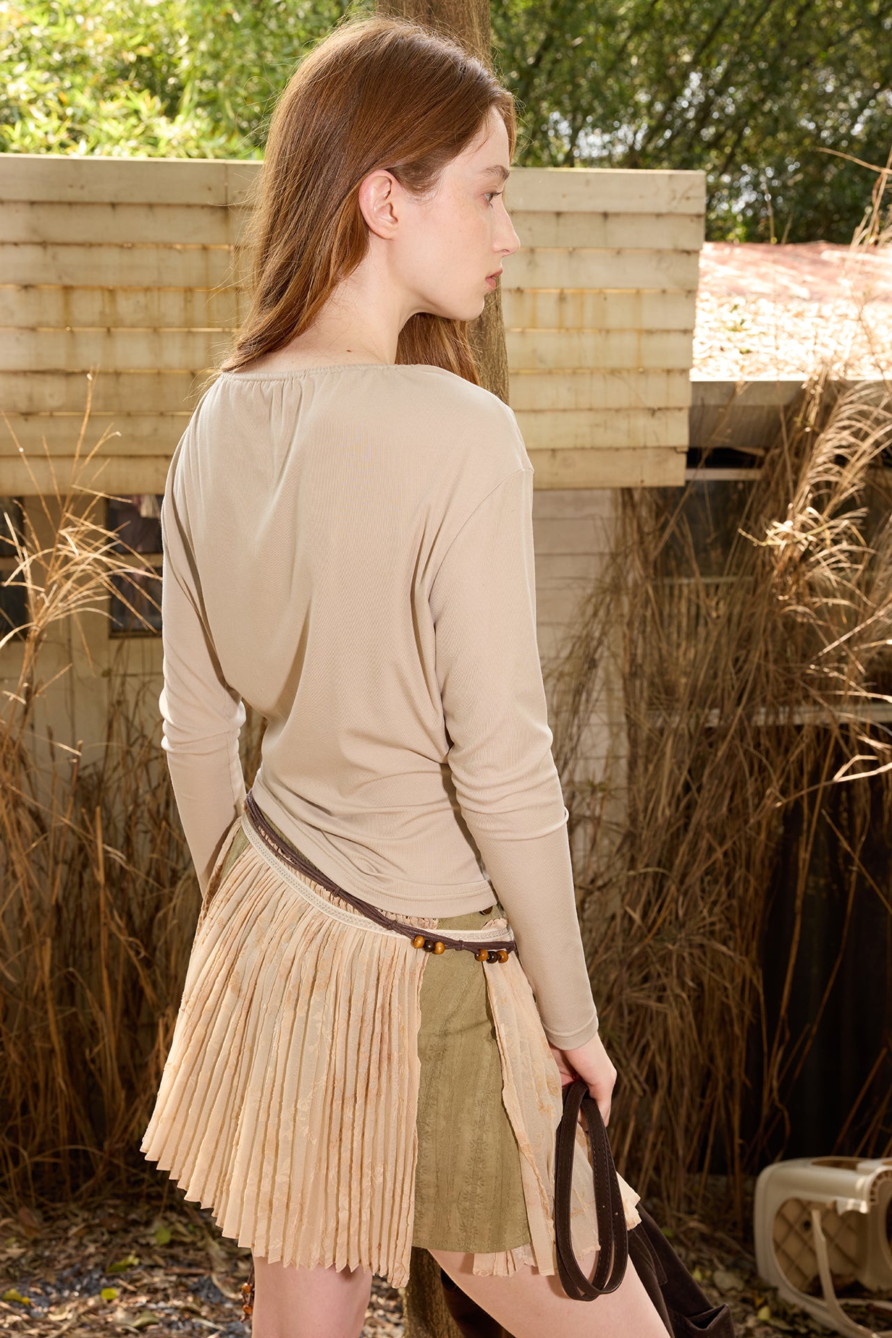 Pleated Button-Front Wrap Skirt