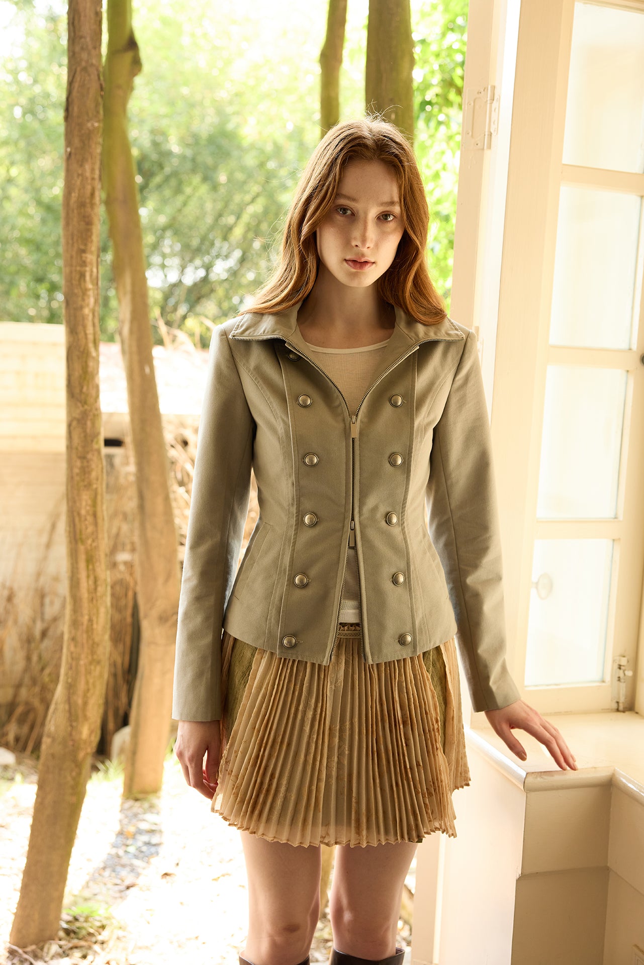 Pleated Button-Front Wrap Skirt