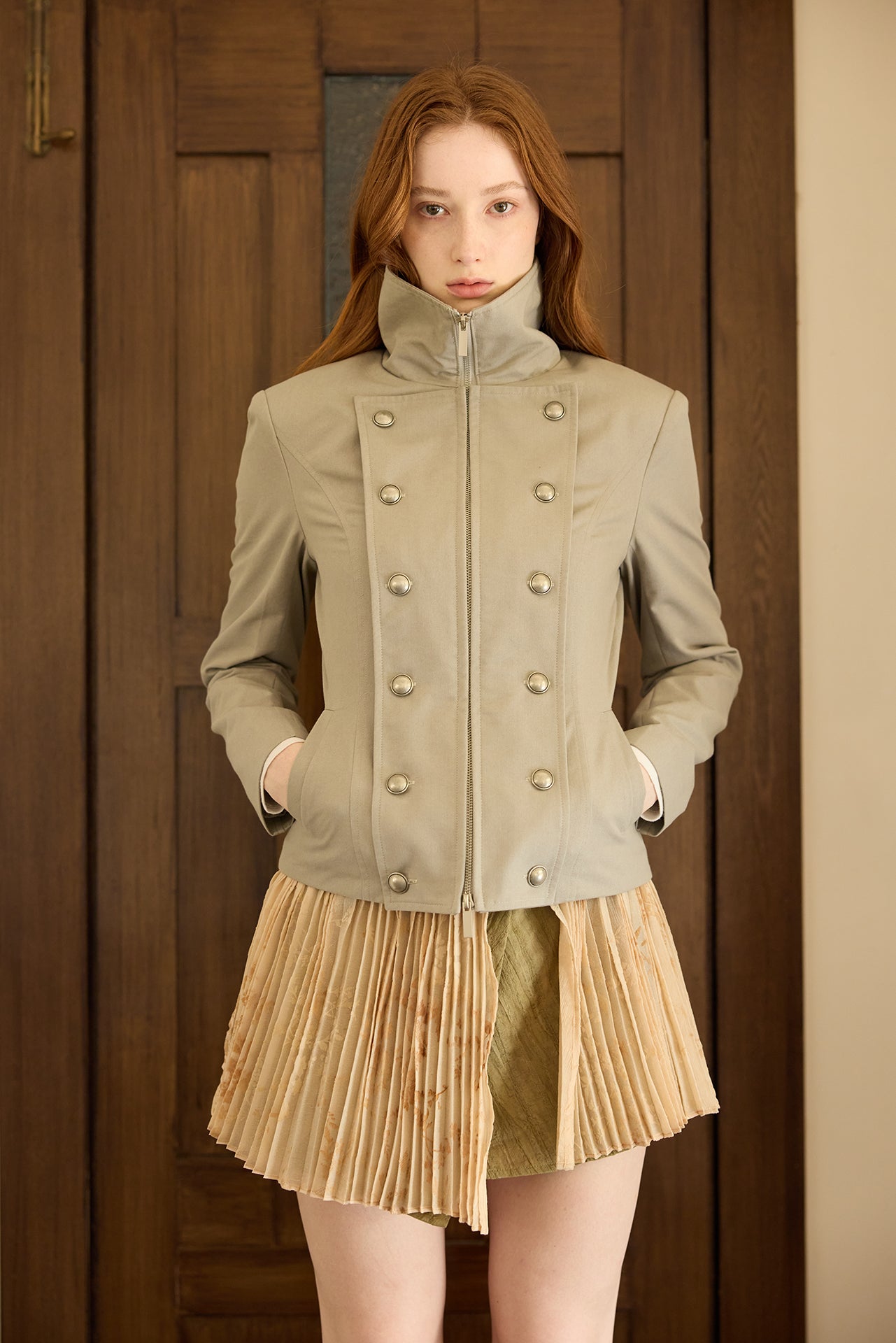 Pleated Button-Front Wrap Skirt