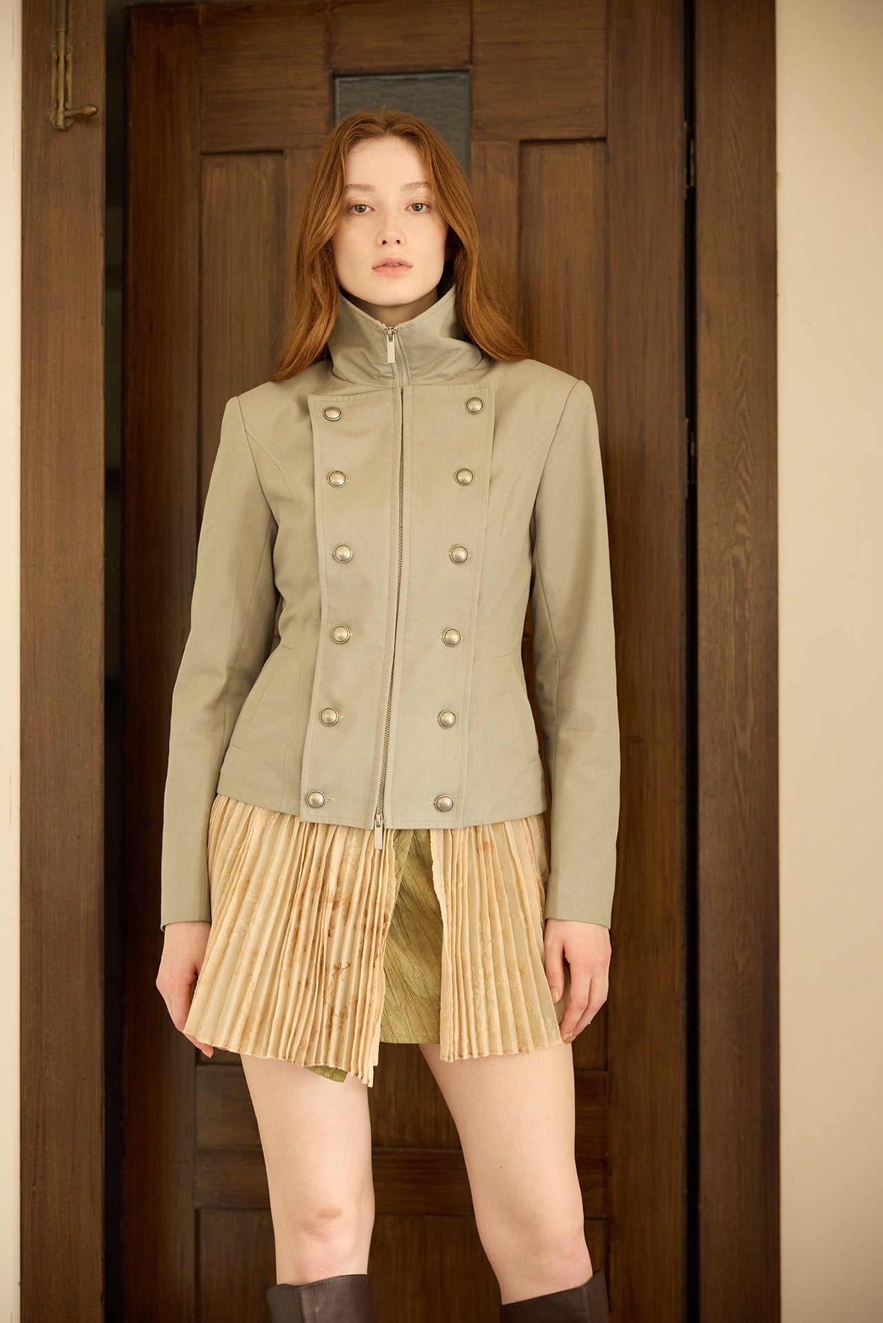 Pleated Button-Front Wrap Skirt