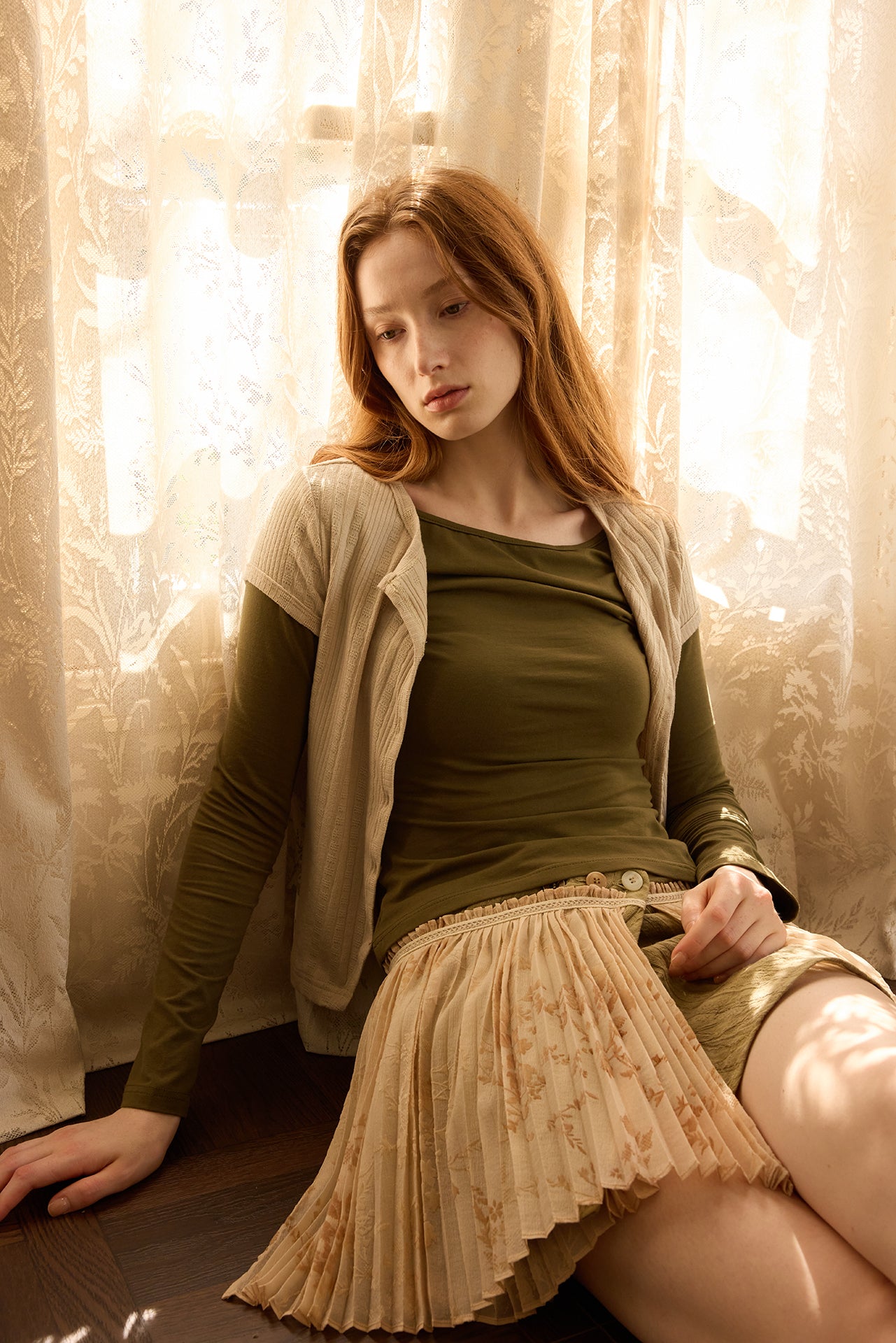 White Sheer Cami & Khaki Cardigan Set