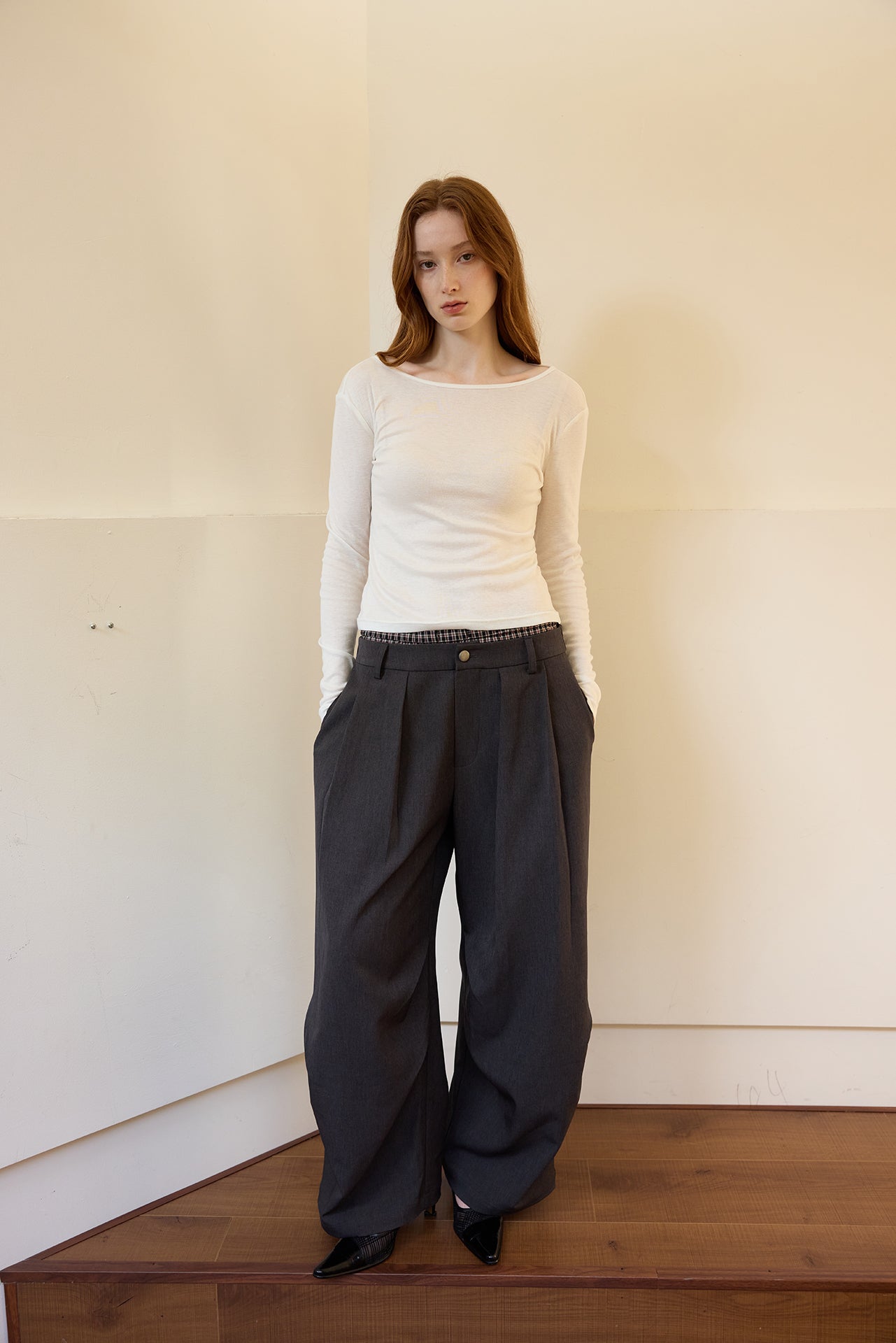 Black Cocoon Wide-Leg Checkered-Waist Trousers