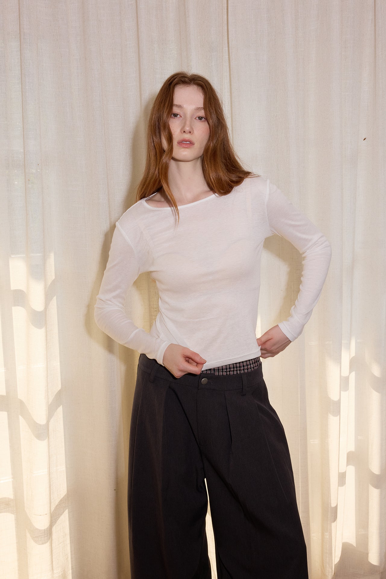 Black Cocoon Wide-Leg Checkered-Waist Trousers