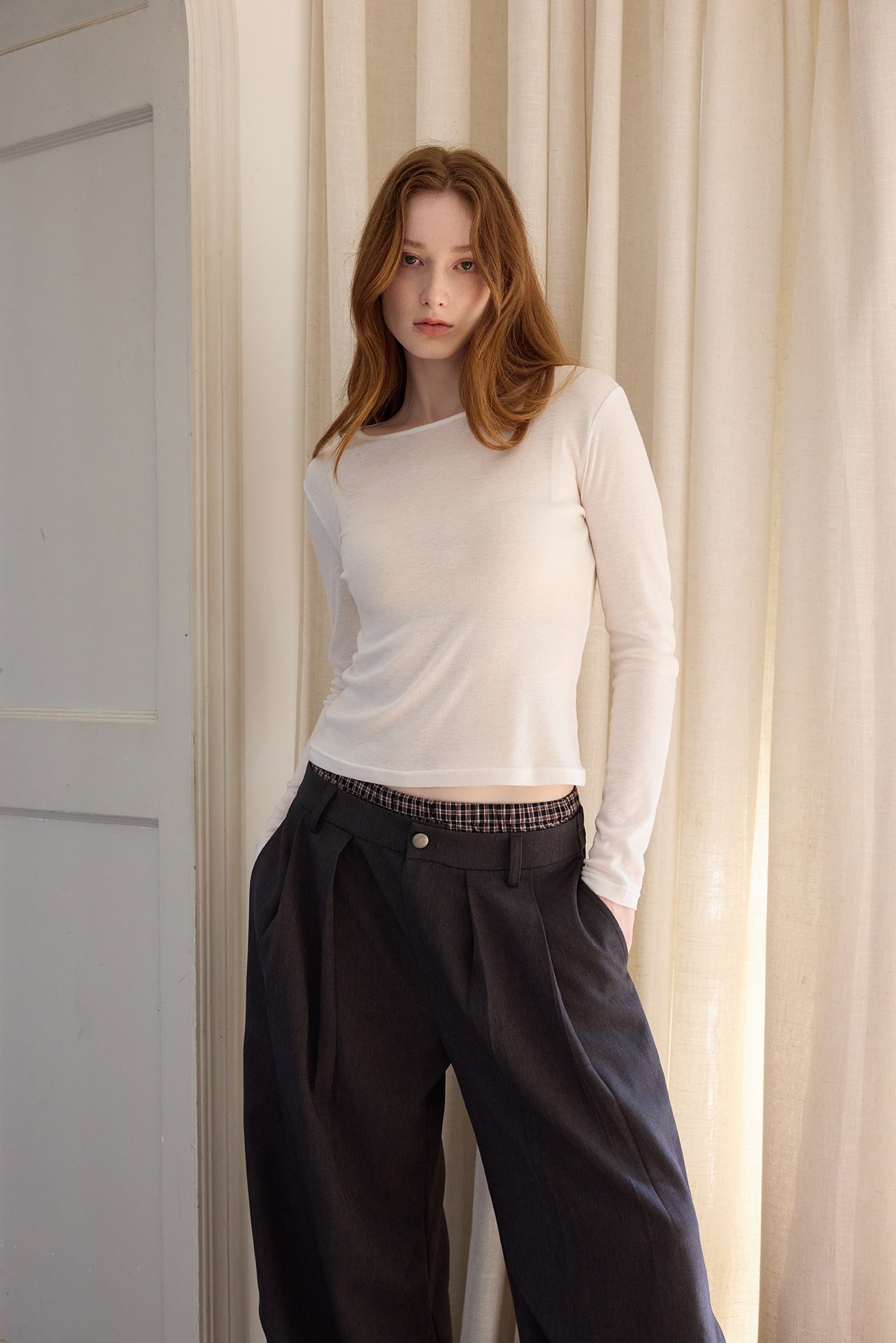 Black Cocoon Wide-Leg Checkered-Waist Trousers