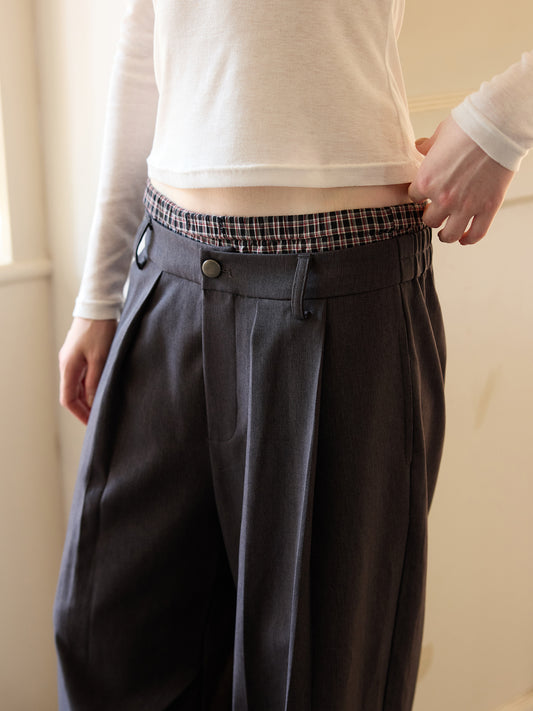 Black Cocoon Wide-Leg Checkered-Waist Trousers