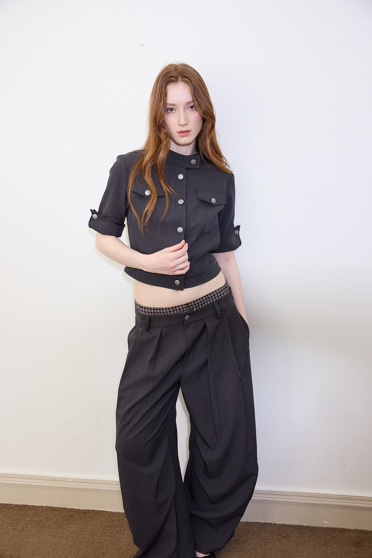 Black Cocoon Wide-Leg Checkered-Waist Trousers