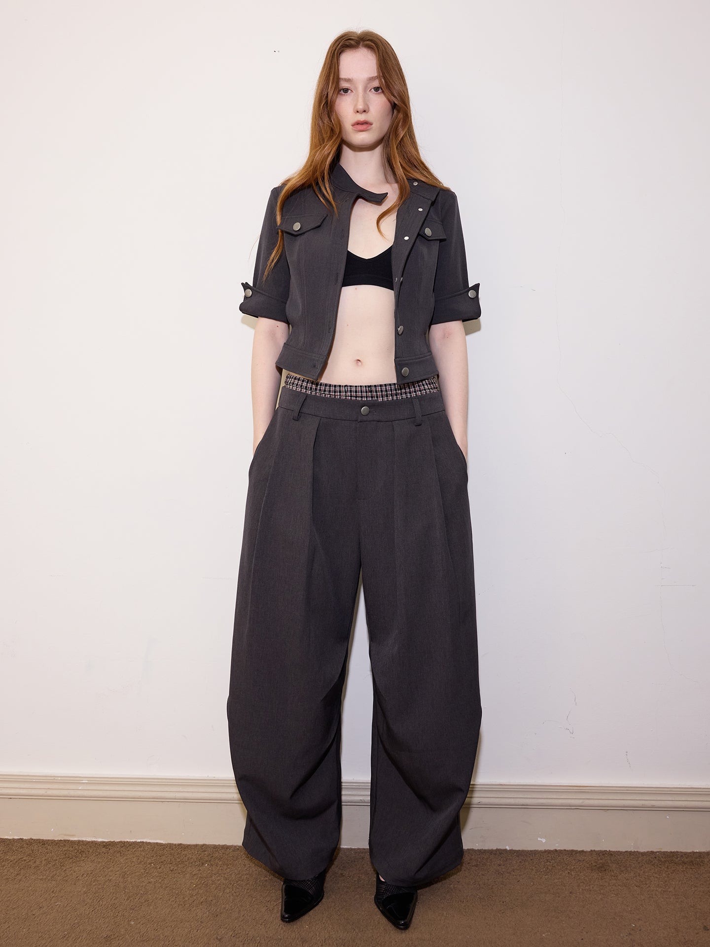 Black Cocoon Wide-Leg Checkered-Waist Trousers