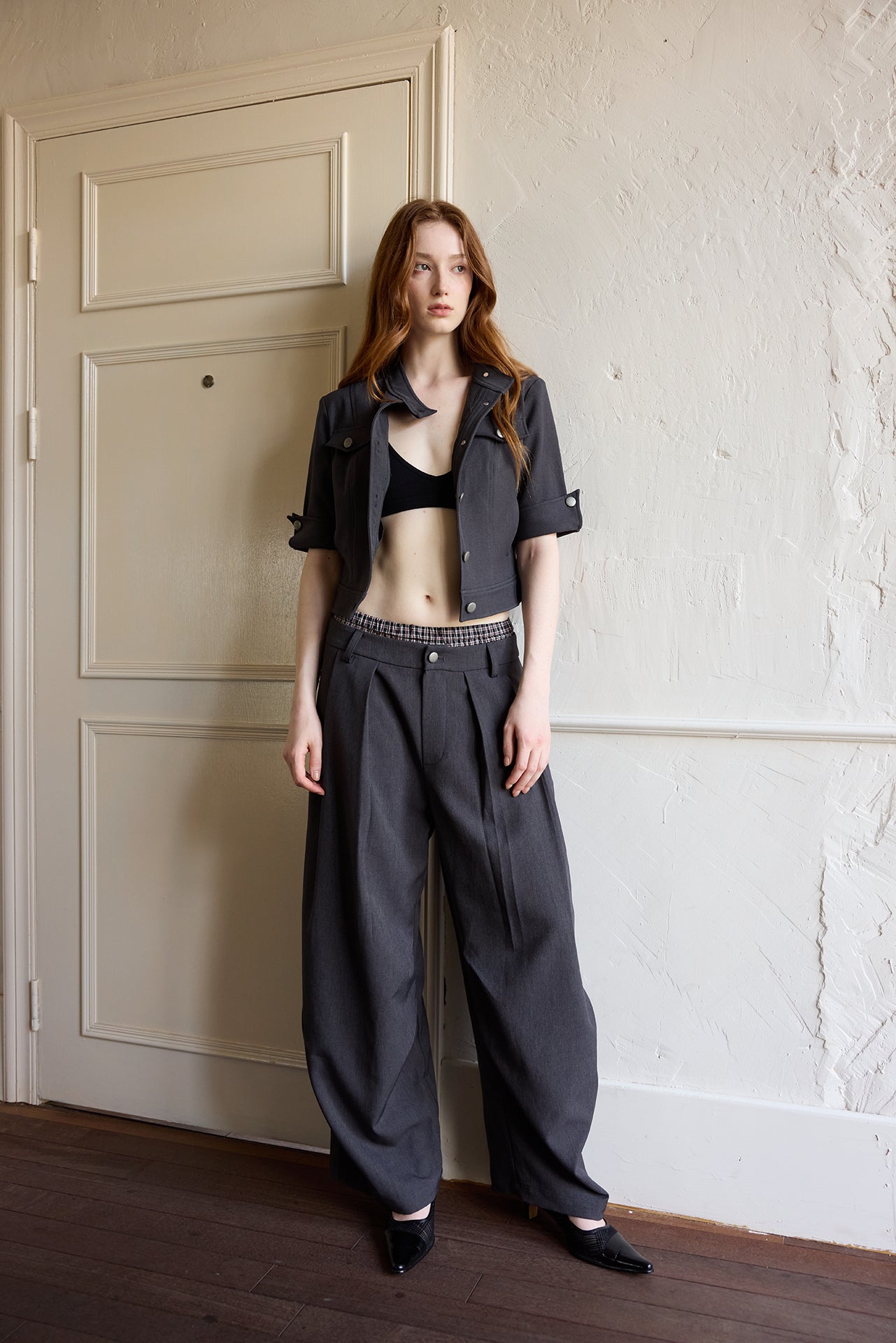 Black Cocoon Wide-Leg Checkered-Waist Trousers