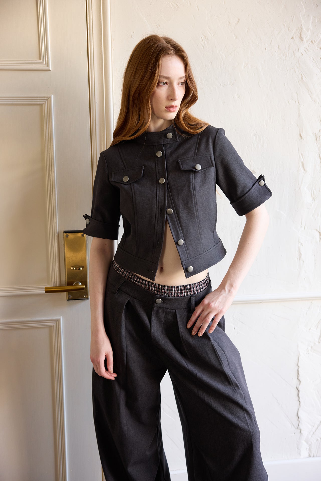 Black Cocoon Wide-Leg Checkered-Waist Trousers