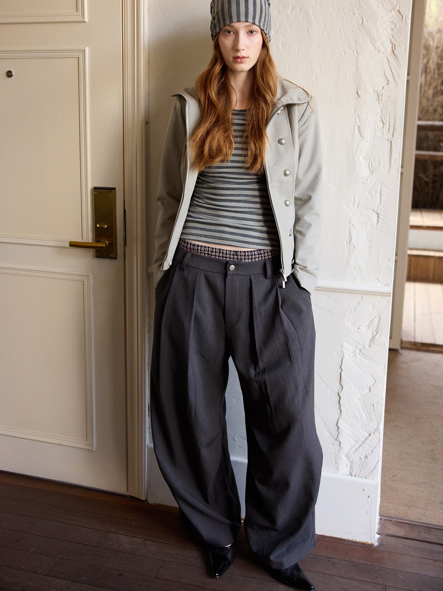 Black Cocoon Wide-Leg Checkered-Waist Trousers