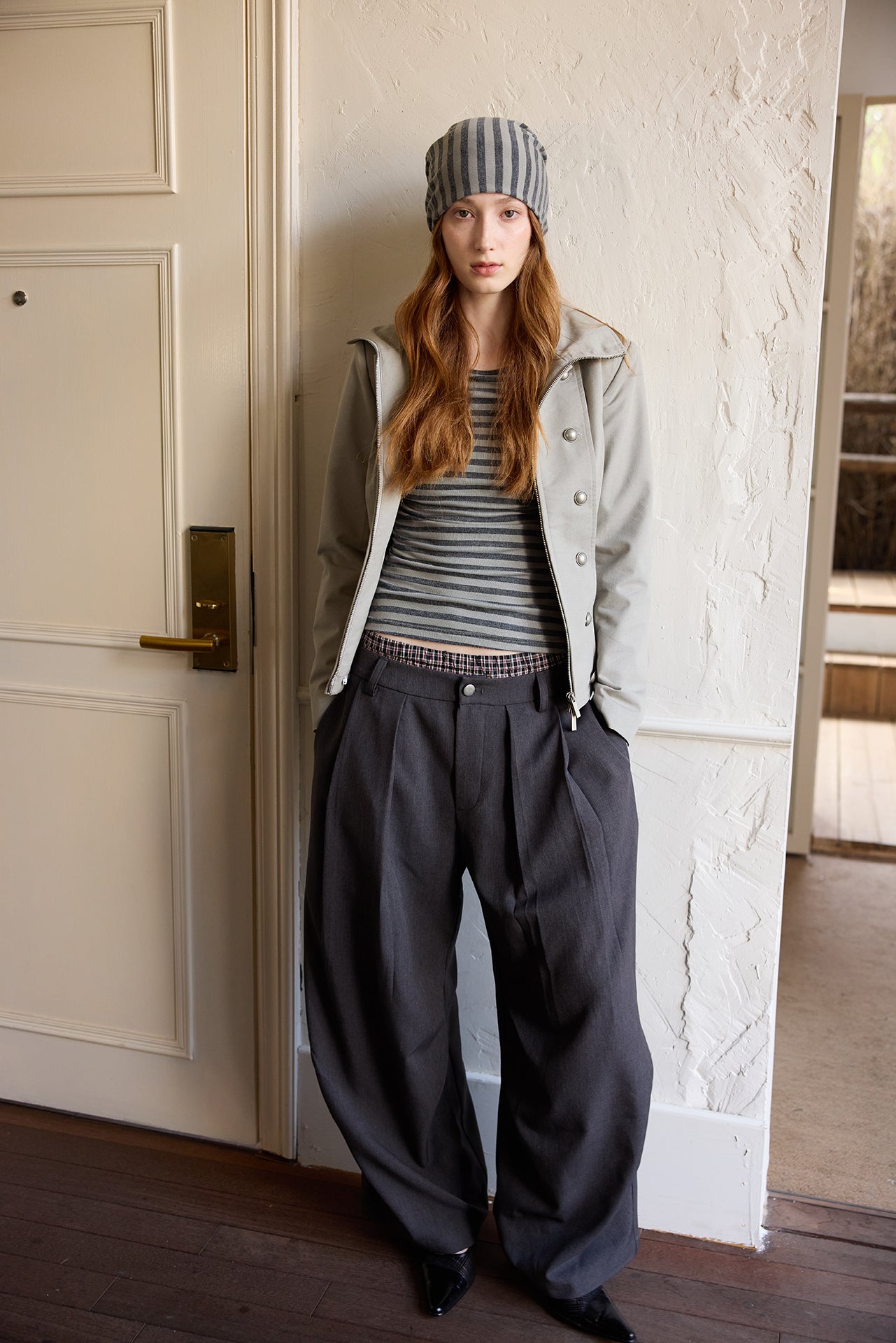 Grey Striped Detachable-Scarf Top