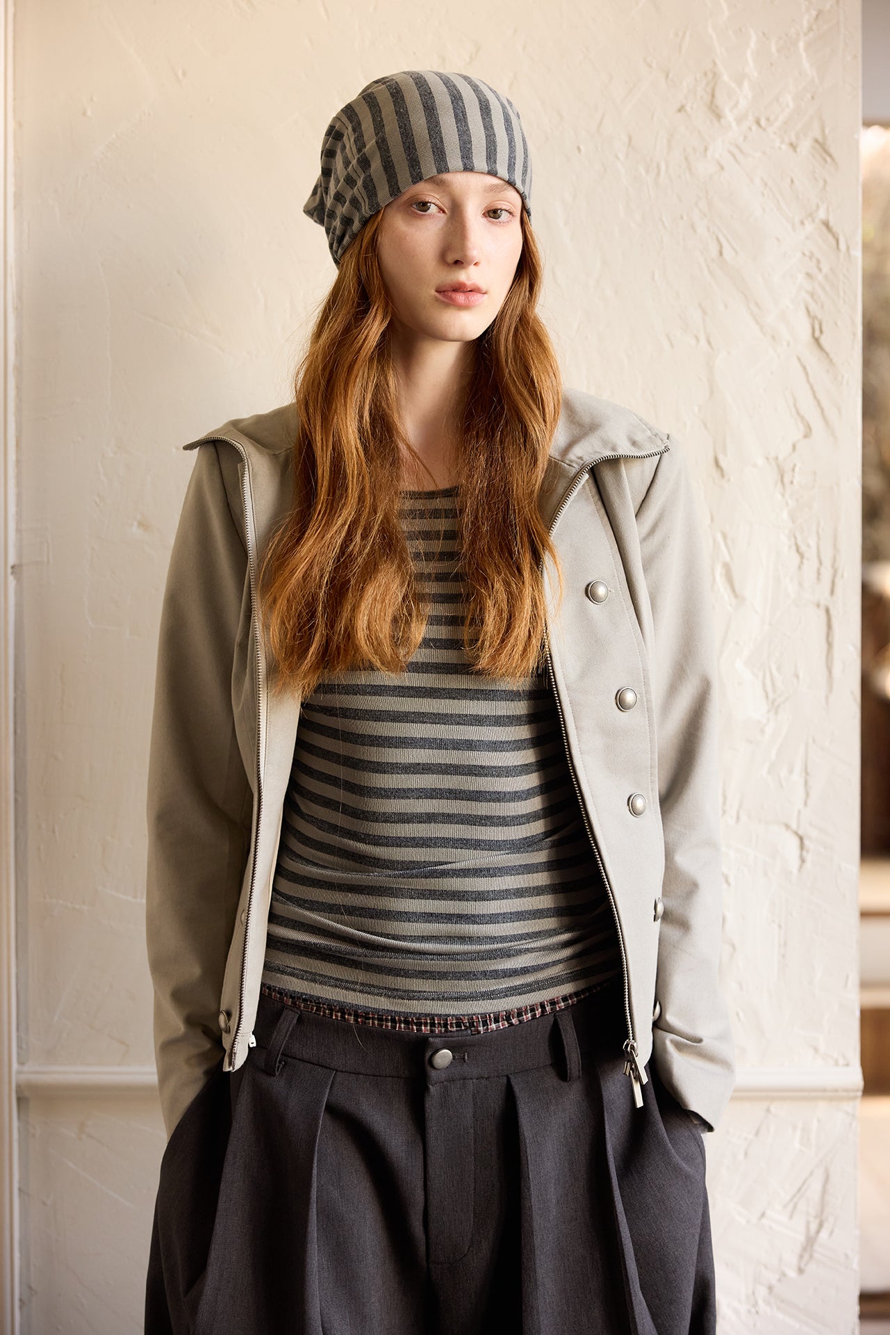 Grey Striped Detachable-Scarf Top