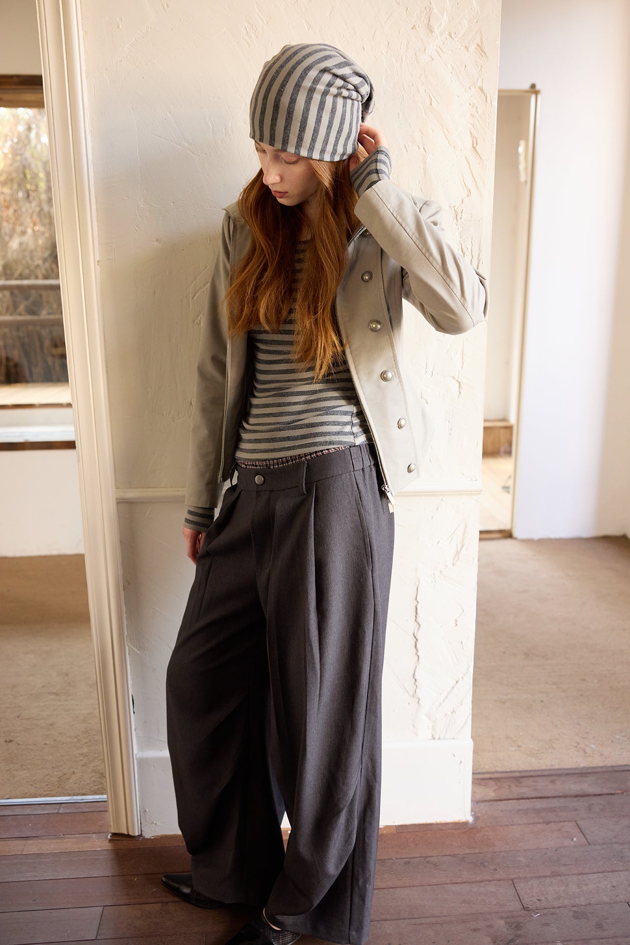 Grey Striped Detachable-Scarf Top