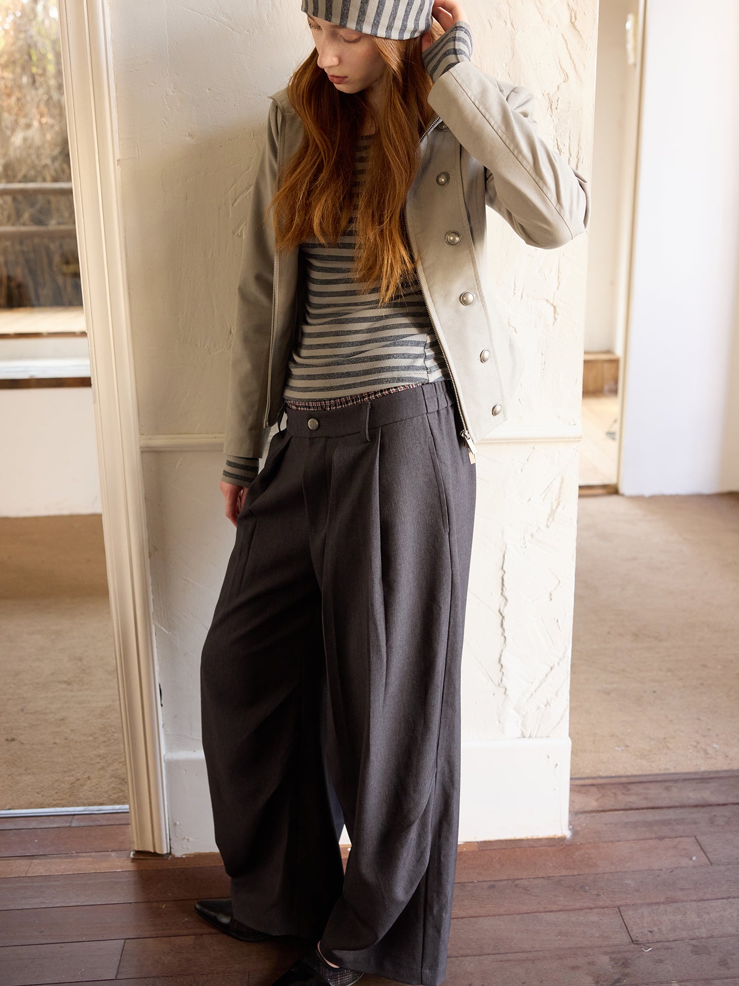 Black Cocoon Wide-Leg Checkered-Waist Trousers