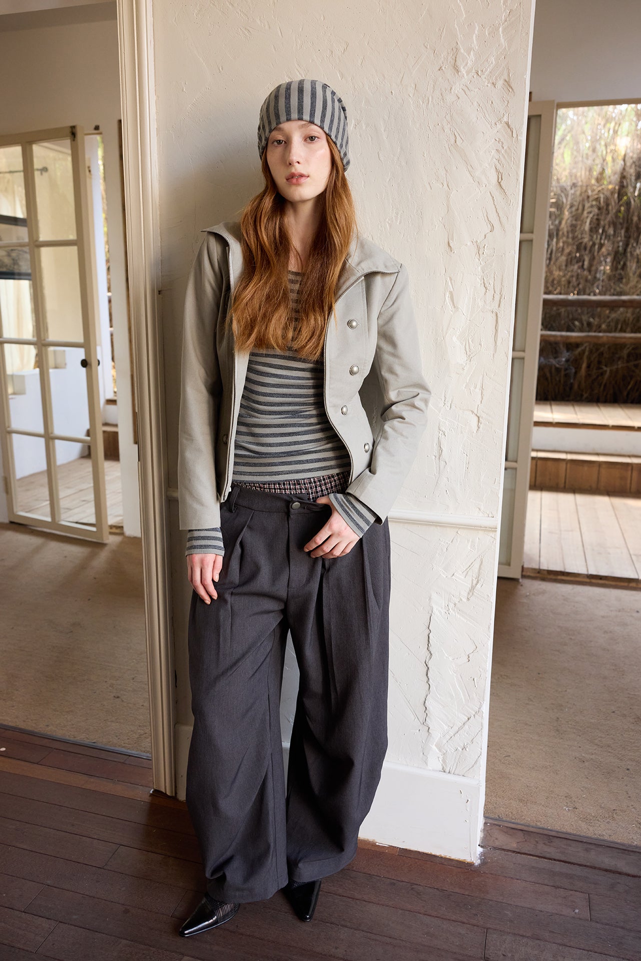 Grey Striped Detachable-Scarf Top