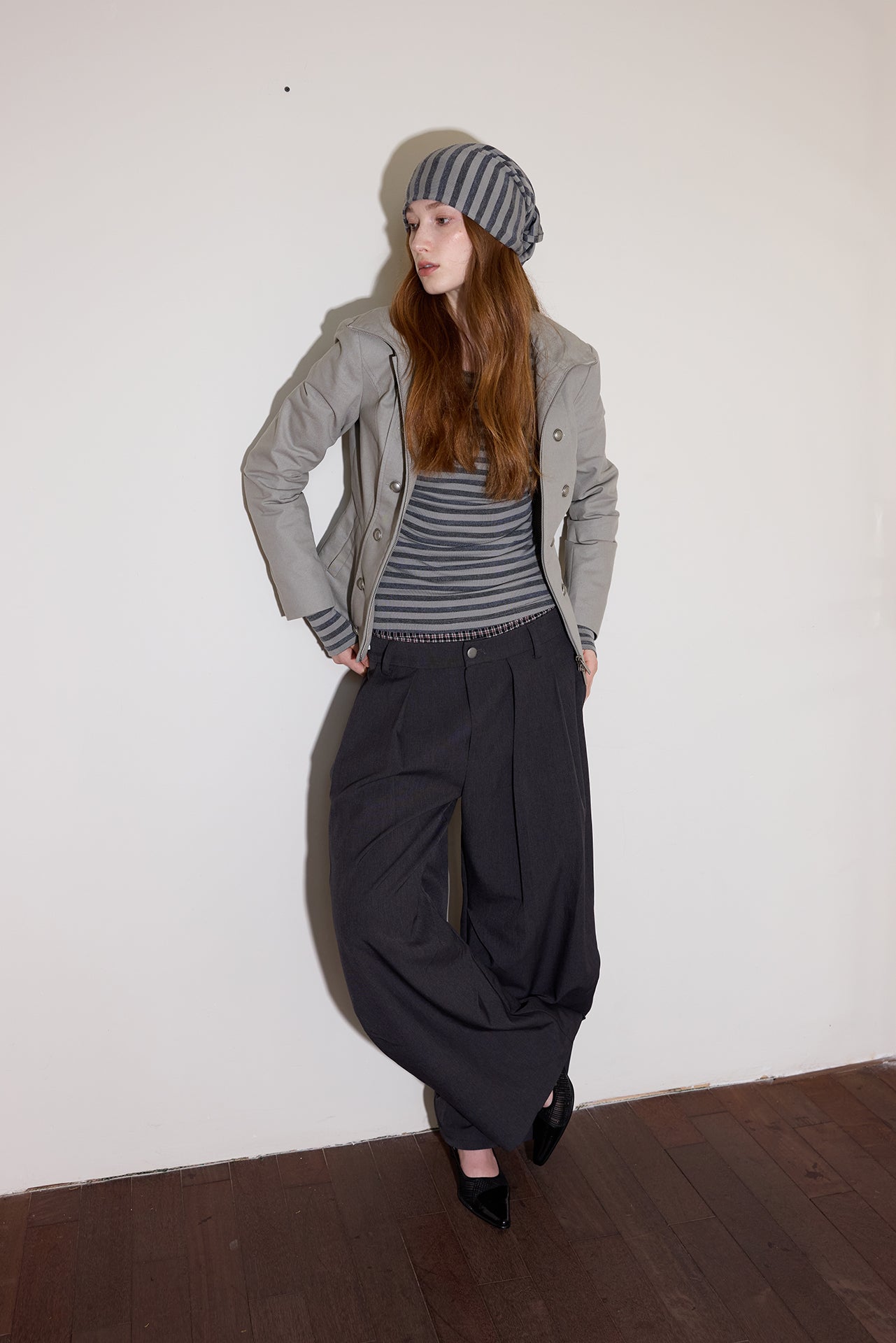 Grey Striped Detachable-Scarf Top