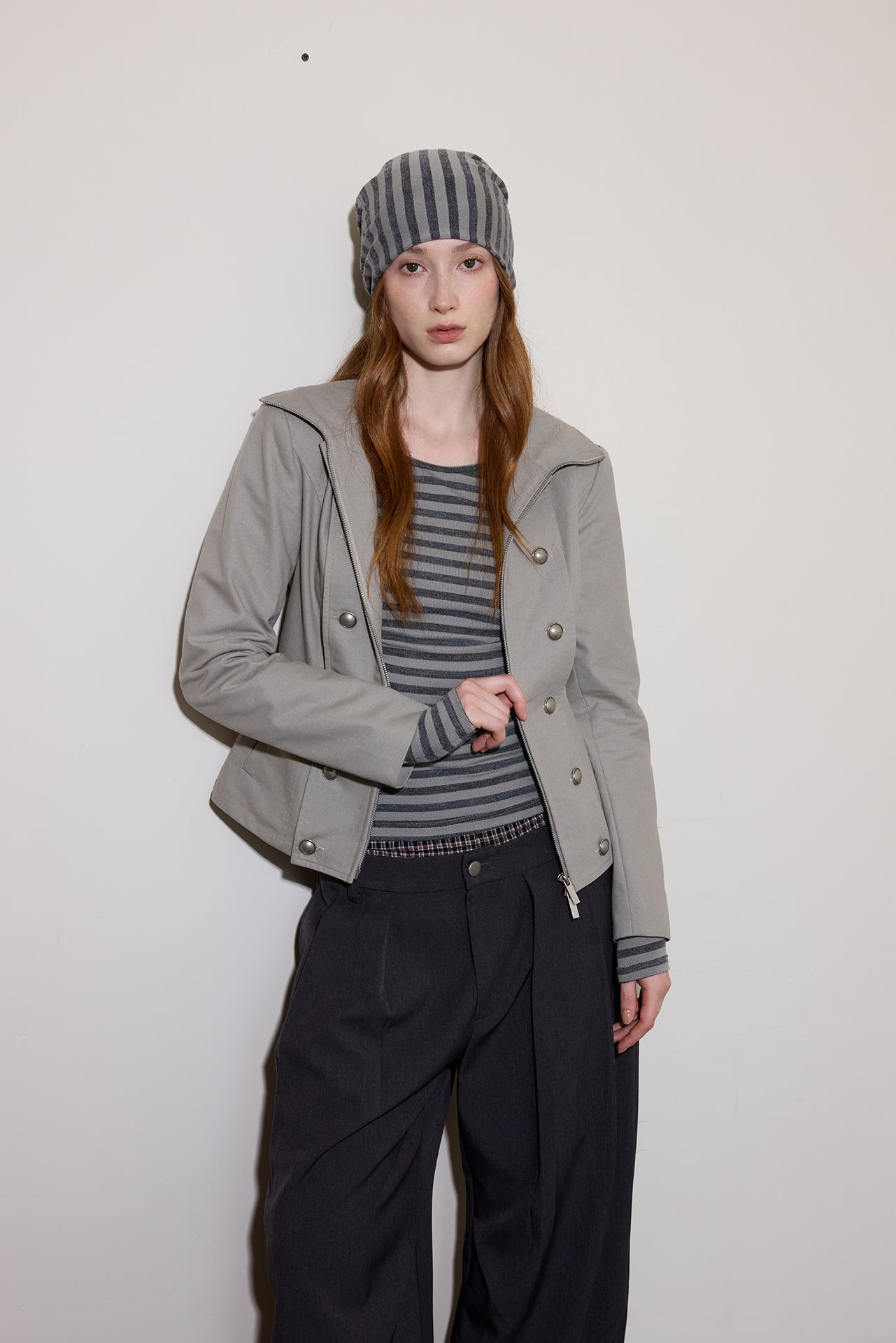 Grey Striped Detachable-Scarf Top