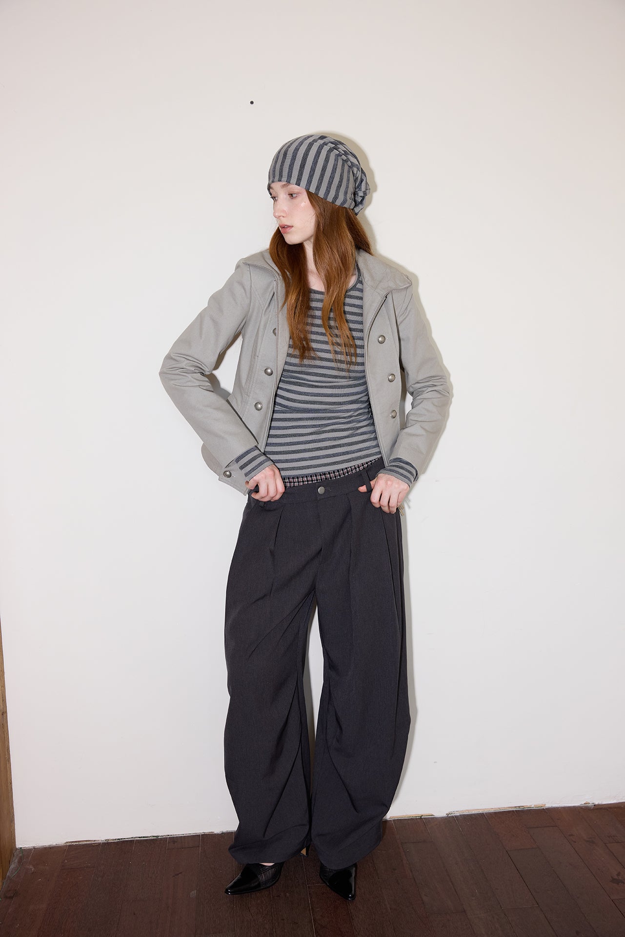 Grey Striped Detachable-Scarf Top