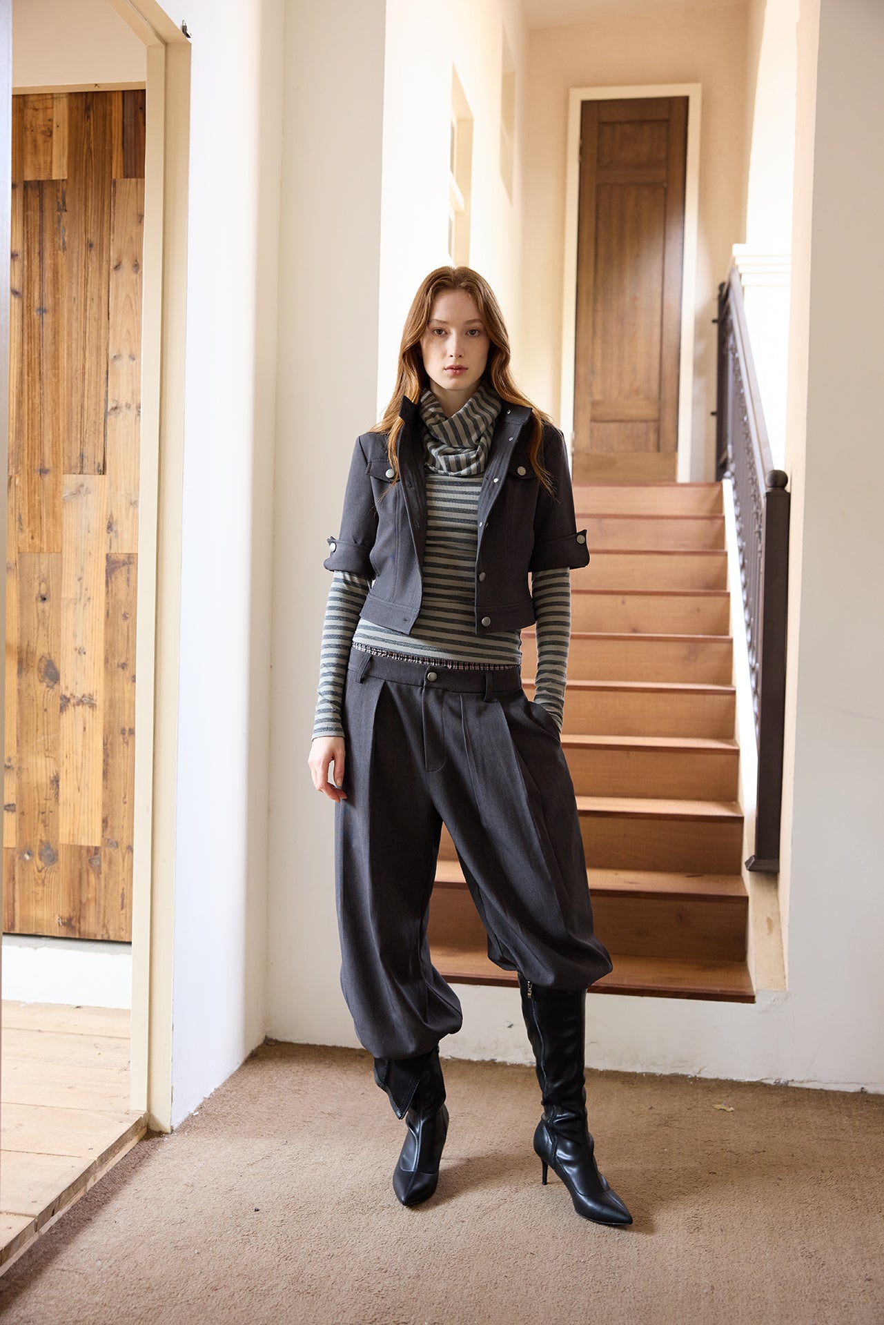 Black Cocoon Wide-Leg Checkered-Waist Trousers