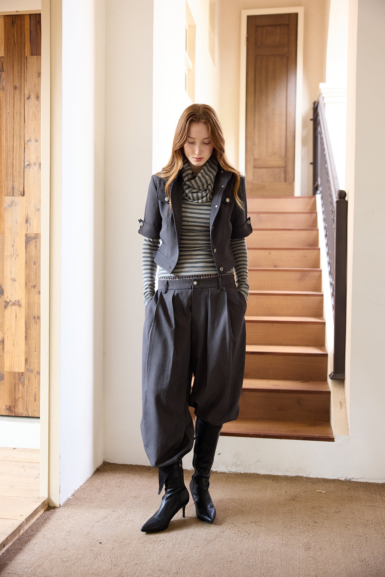 Grey Striped Detachable-Scarf Top