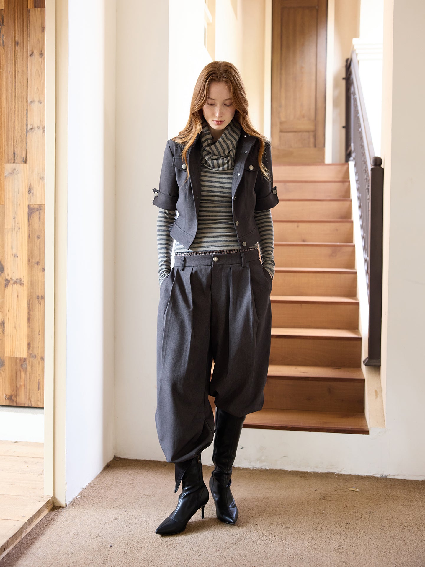 Black Cocoon Wide-Leg Checkered-Waist Trousers