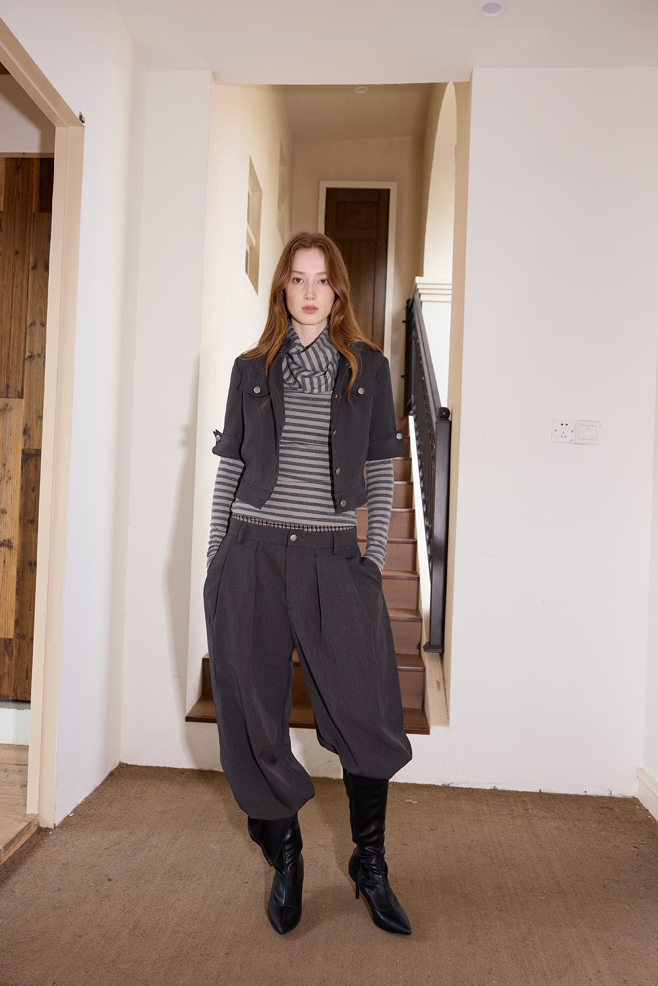 Grey Striped Detachable-Scarf Top