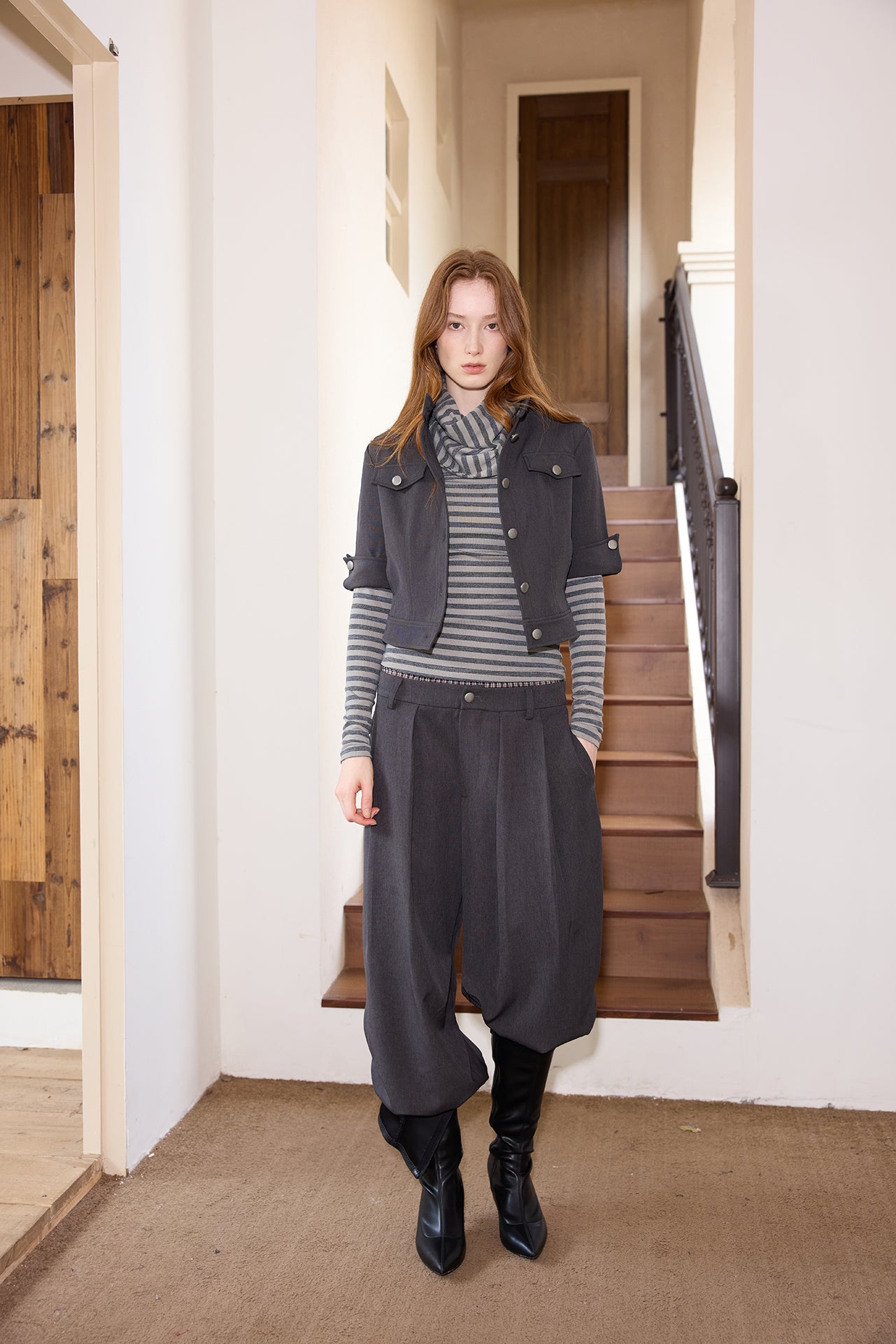 Grey Striped Detachable-Scarf Top