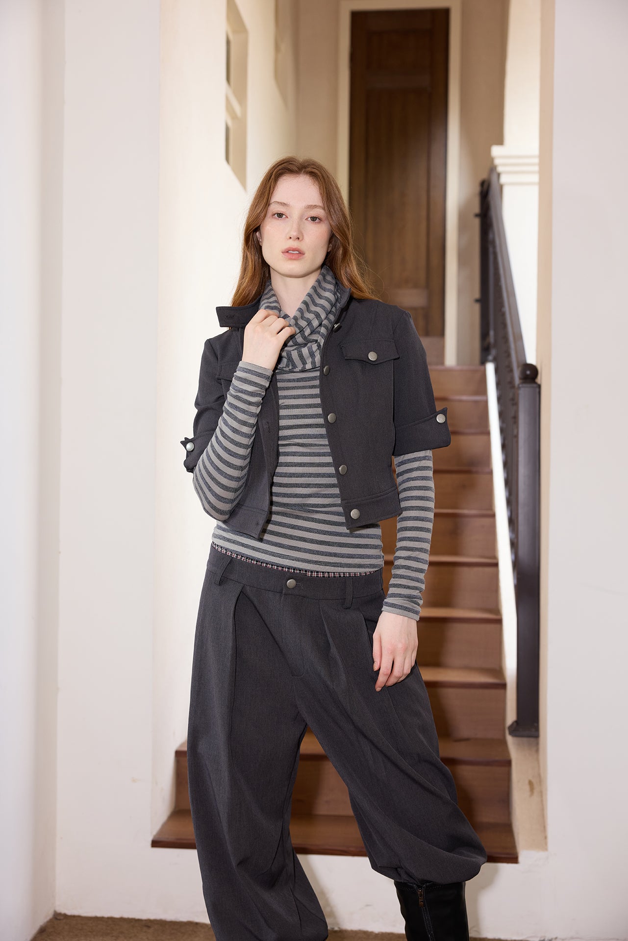 Grey Striped Detachable-Scarf Top