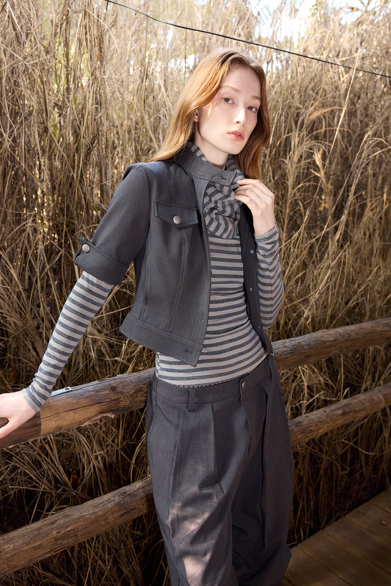 Grey Striped Detachable-Scarf Top