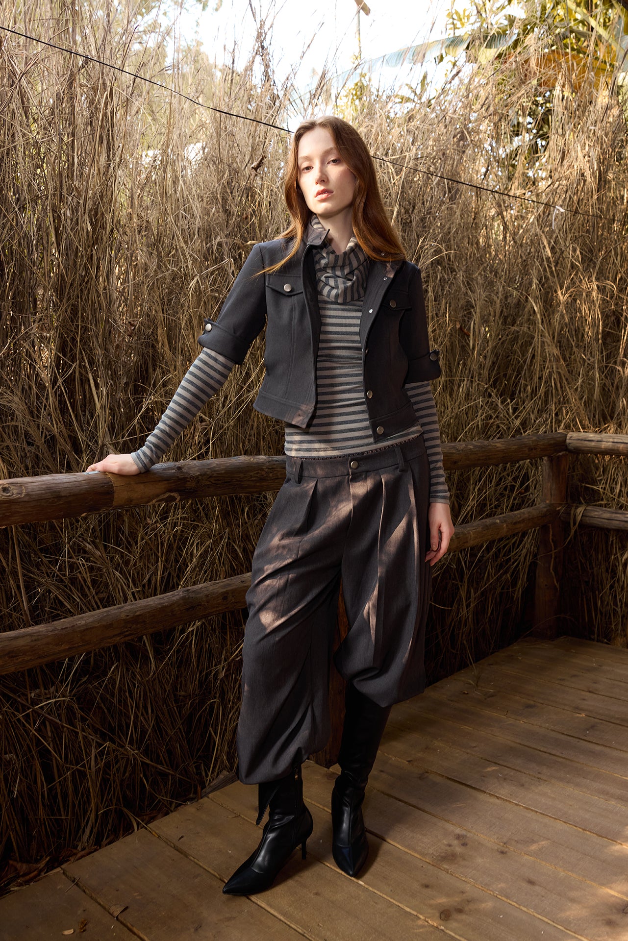 Grey Striped Detachable-Scarf Top