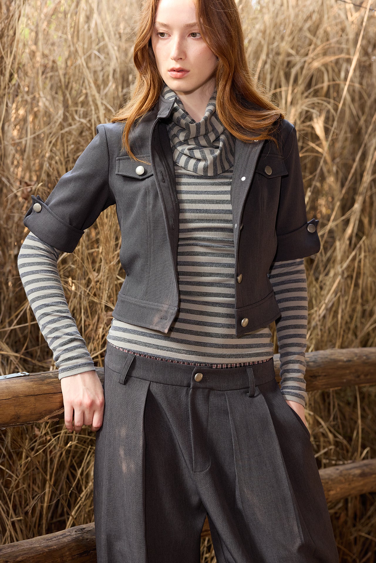 Grey Striped Detachable-Scarf Top