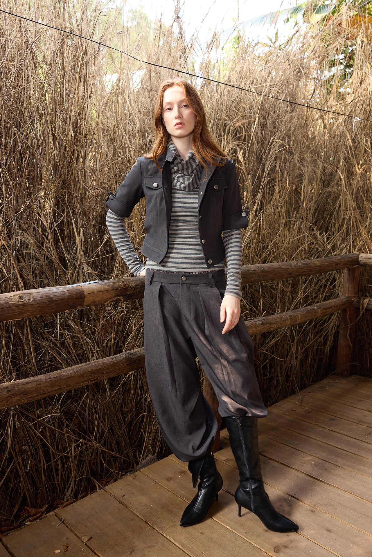 Grey Striped Detachable-Scarf Top