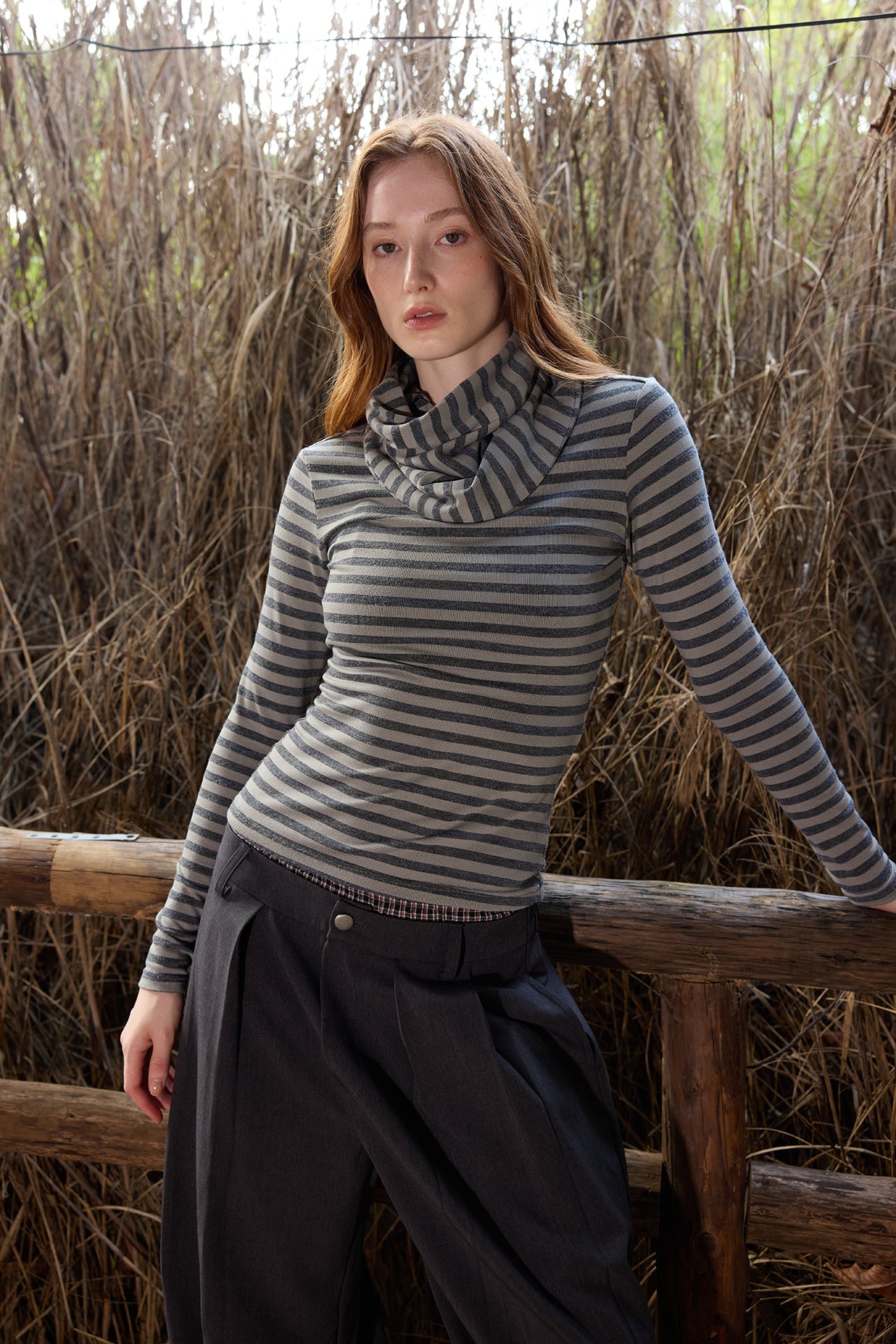 Grey Striped Detachable-Scarf Top