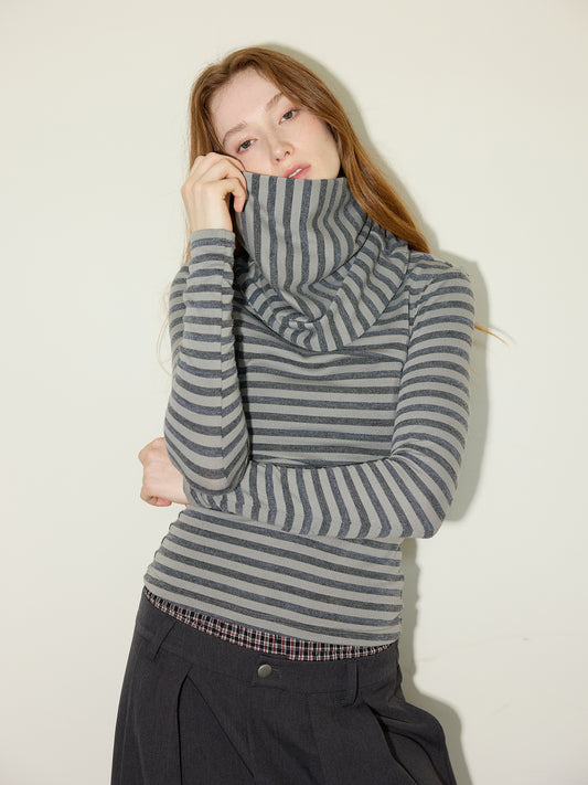 Grey Striped Detachable-Scarf Top