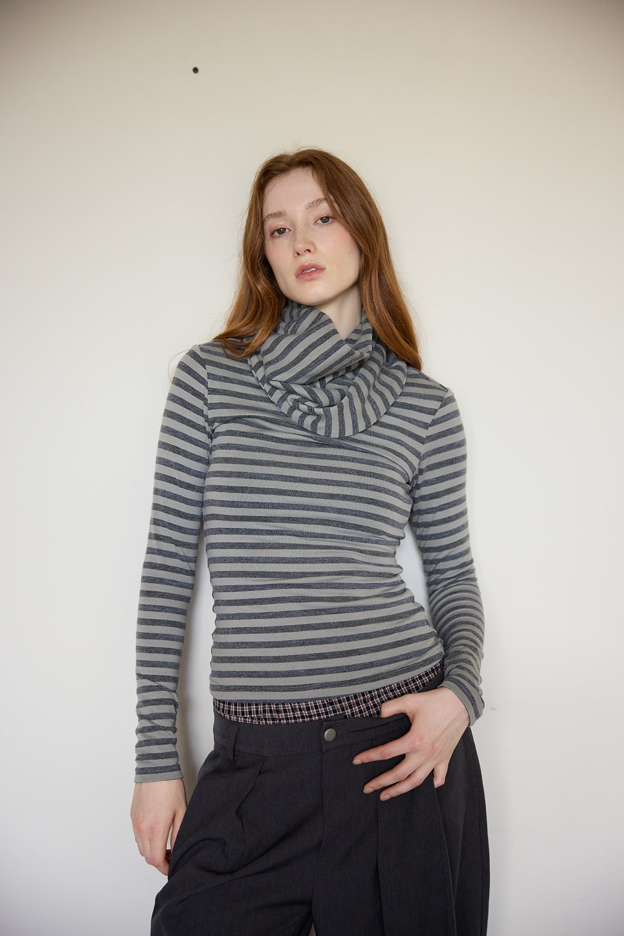 Grey Striped Detachable-Scarf Top