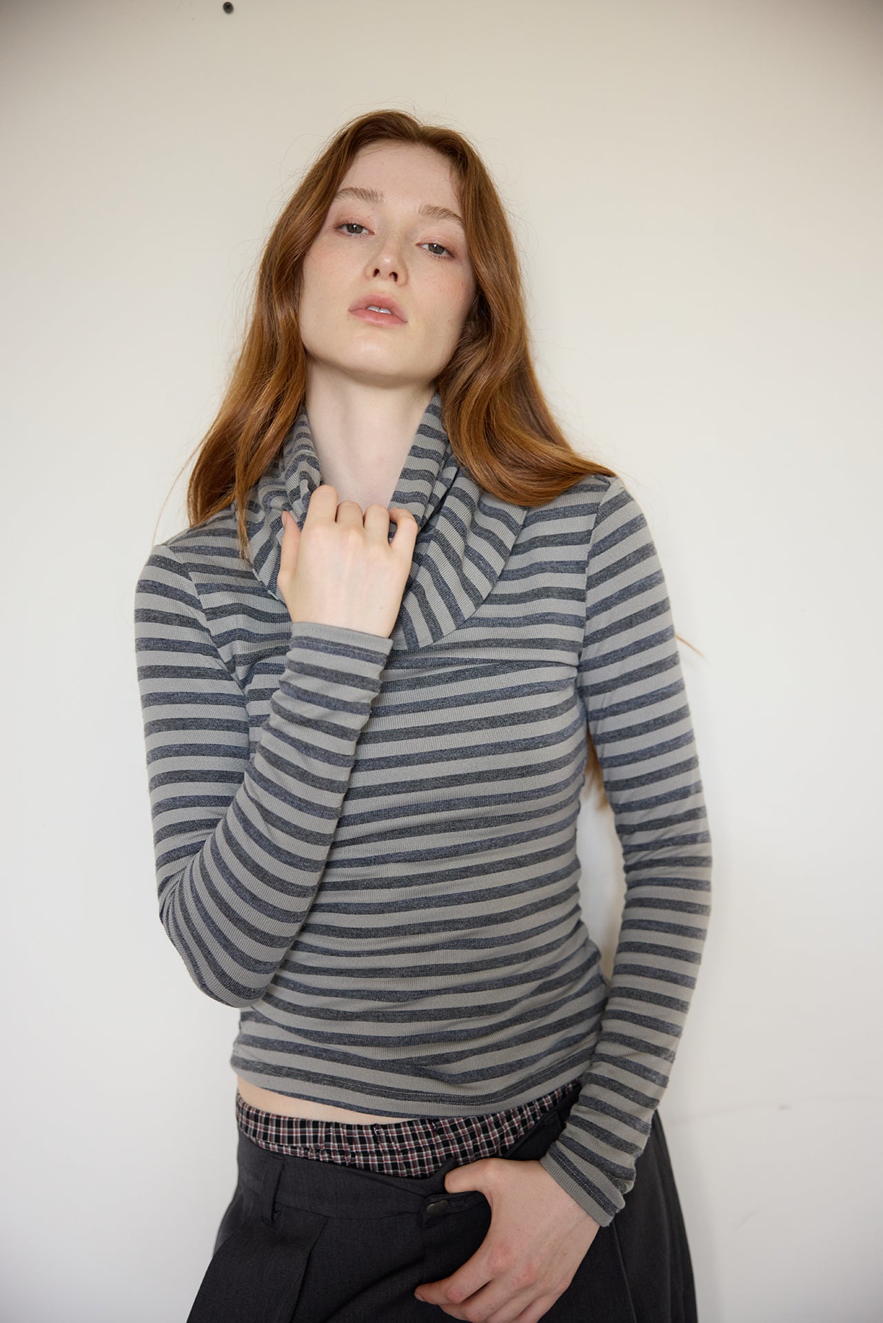 Grey Striped Detachable-Scarf Top
