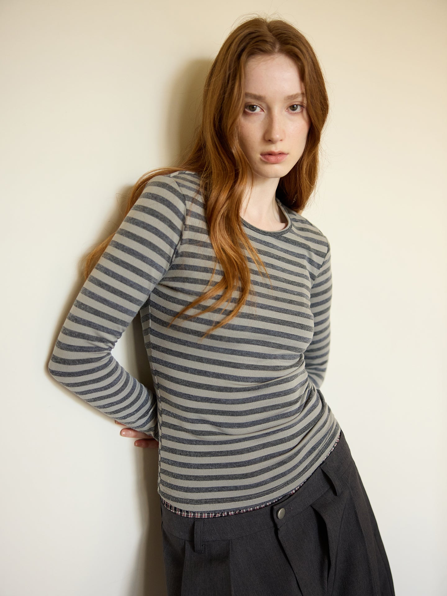 Grey Striped Detachable-Scarf Top