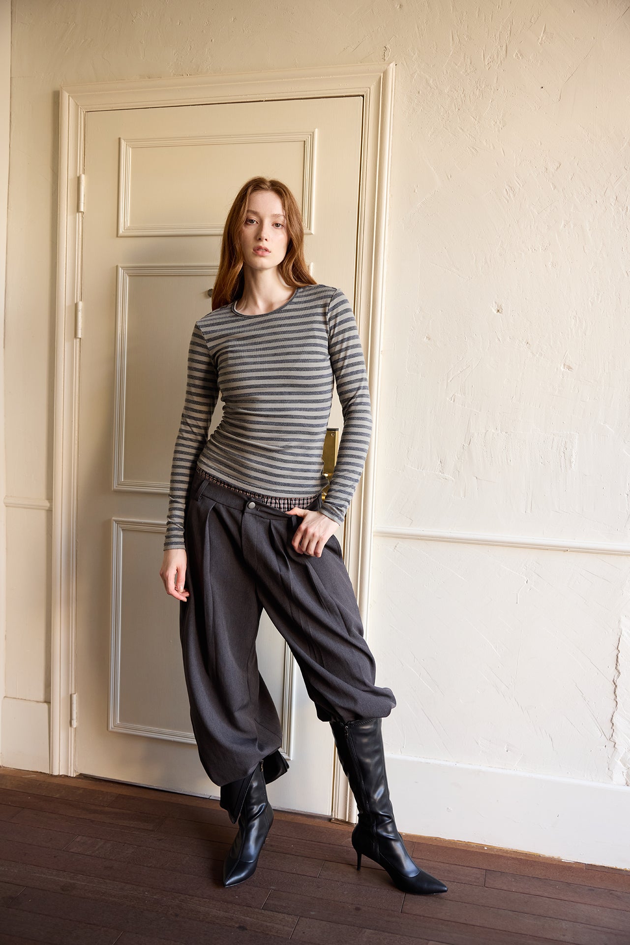 Grey Striped Detachable-Scarf Top