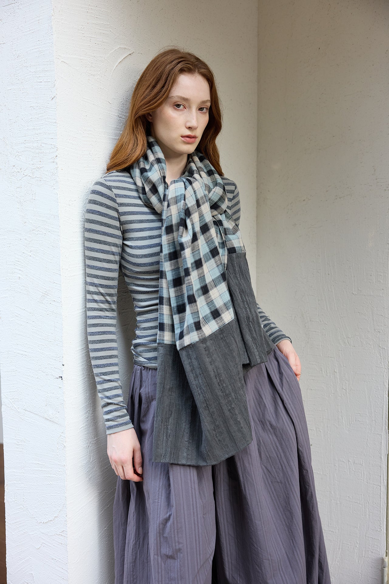 Grey Striped Detachable-Scarf Top