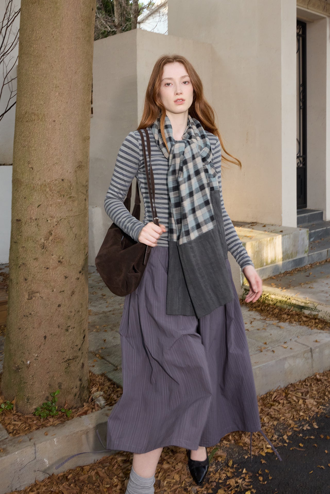 Grey Striped Detachable-Scarf Top