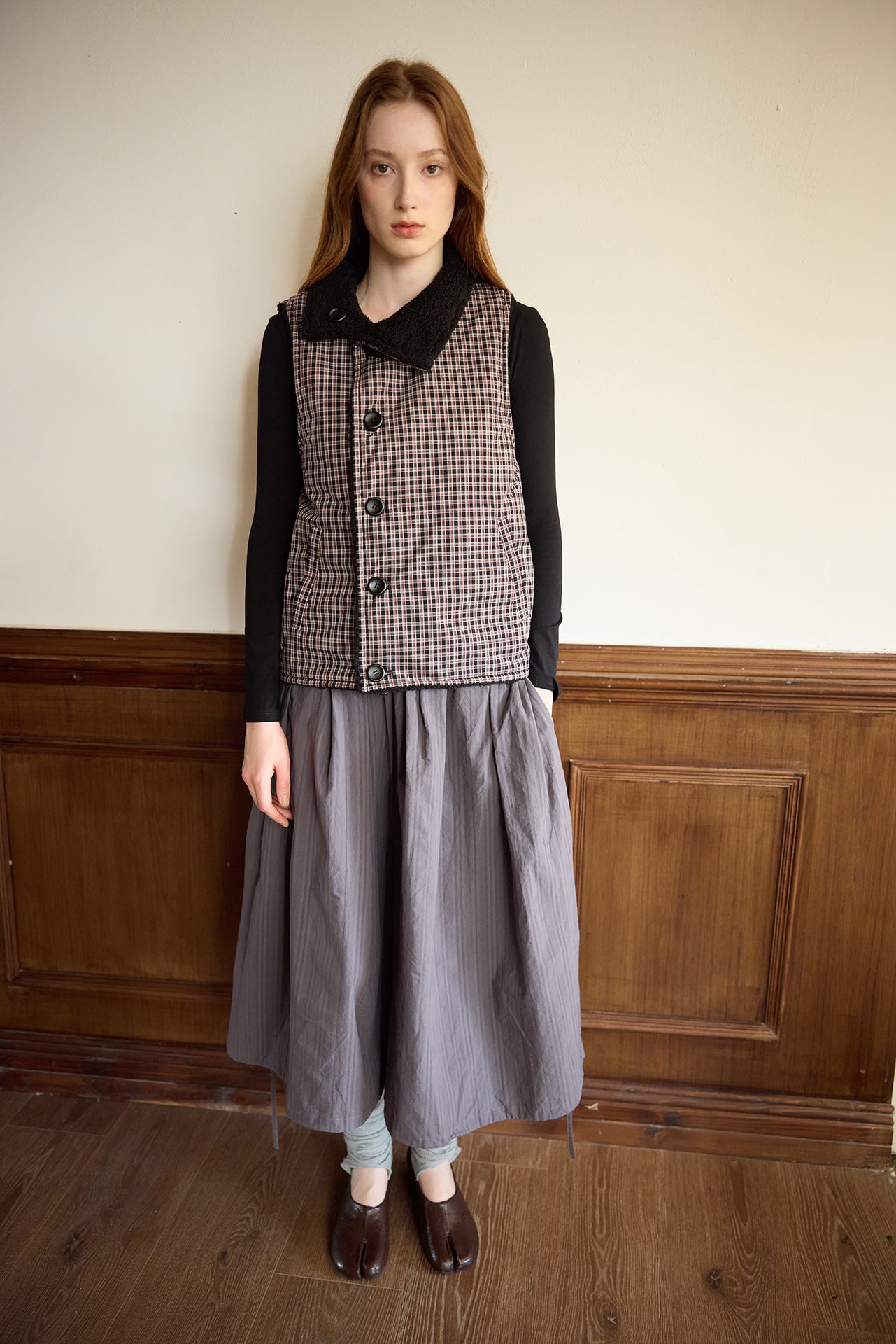 Black Plaid Reversible Diagonal-Front Plush Vest