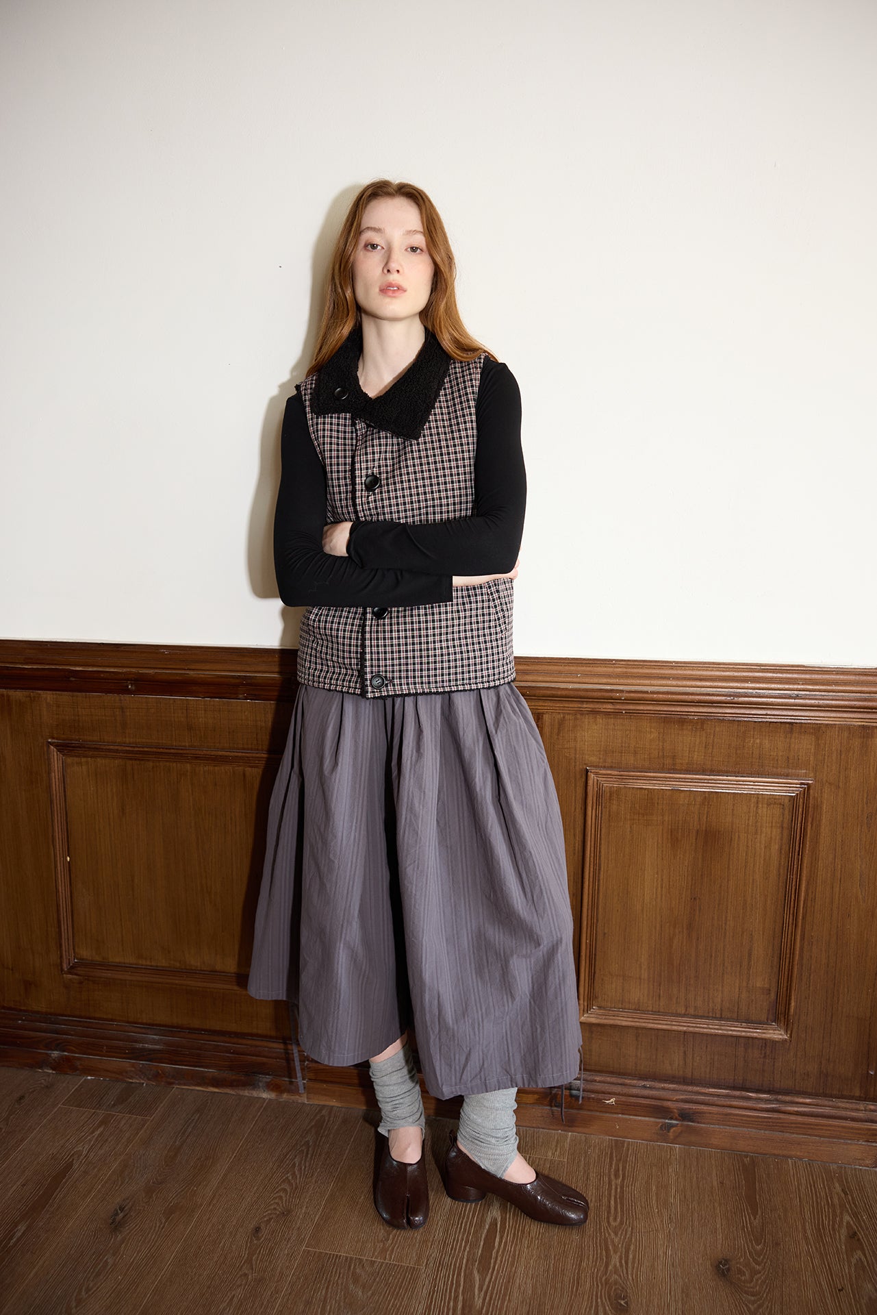 Black Plaid Reversible Diagonal-Front Plush Vest