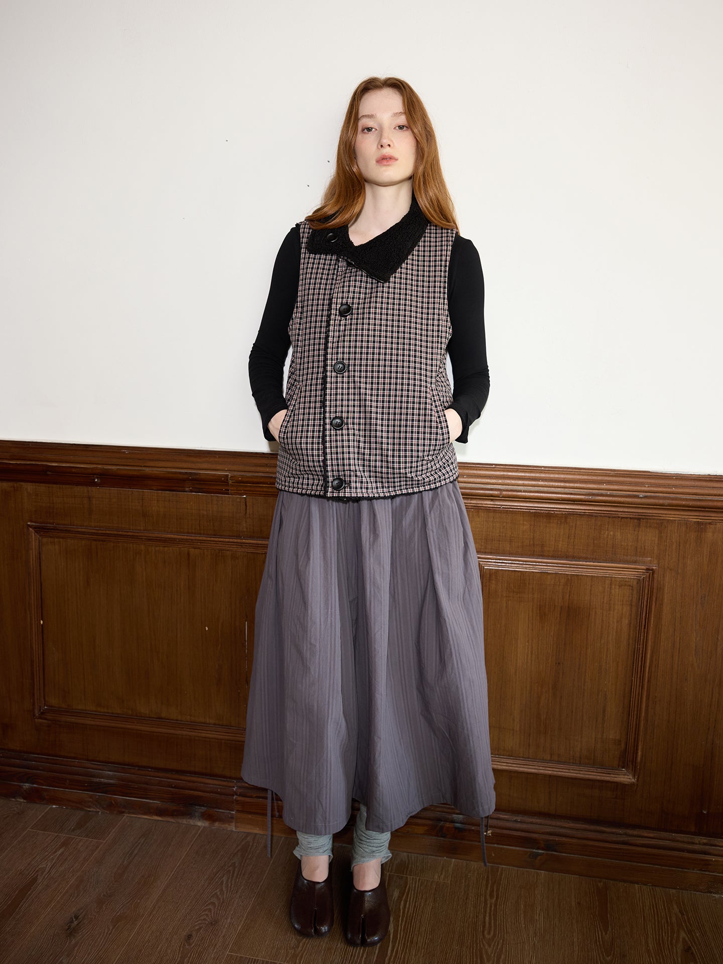 Black Plaid Reversible Diagonal-Front Plush Vest