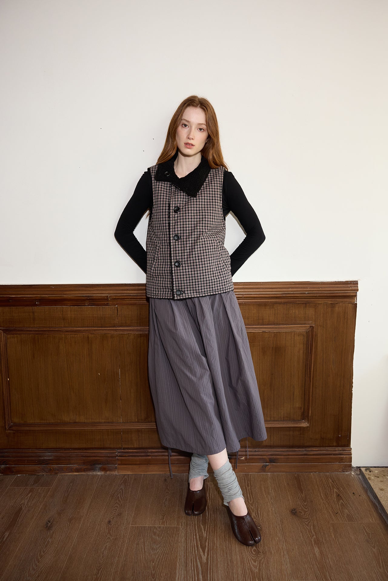 Black Plaid Reversible Diagonal-Front Plush Vest