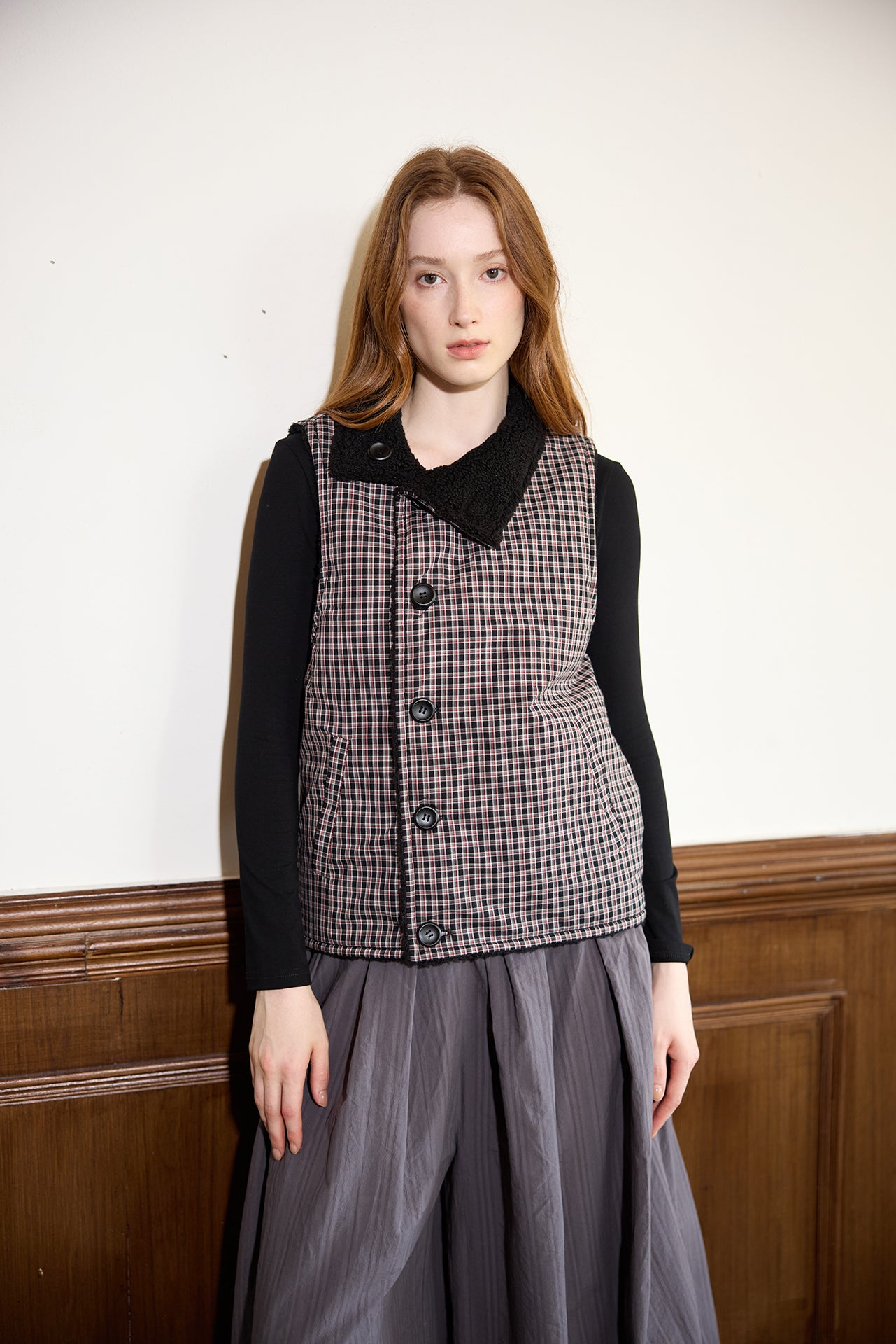 Black Plaid Reversible Diagonal-Front Plush Vest