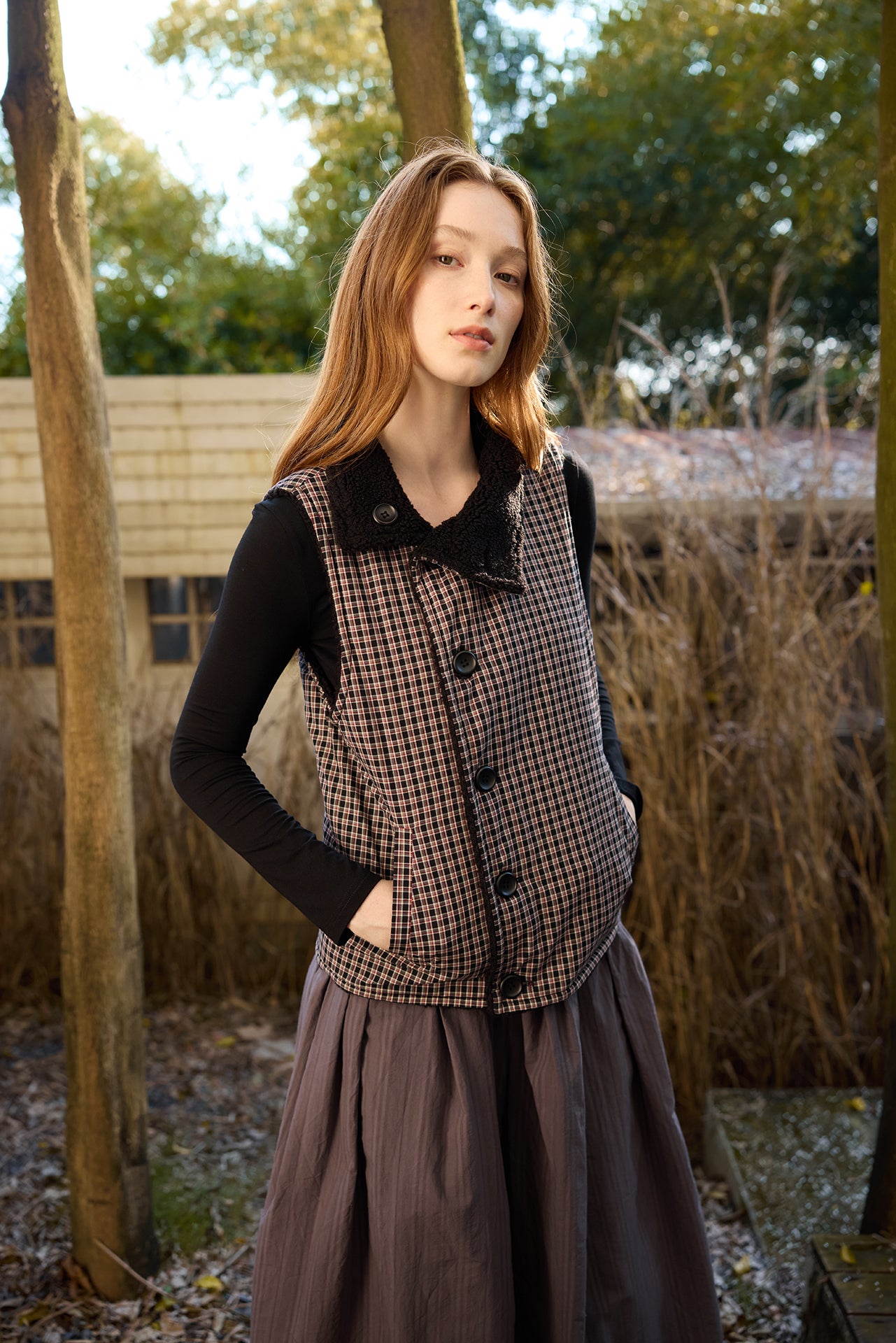 Black Plaid Reversible Diagonal-Front Plush Vest