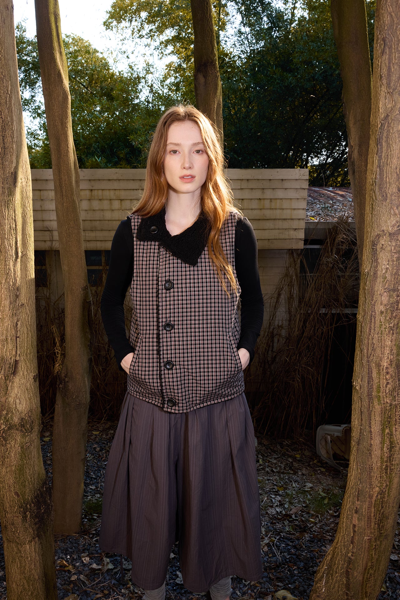 Black Plaid Reversible Diagonal-Front Plush Vest